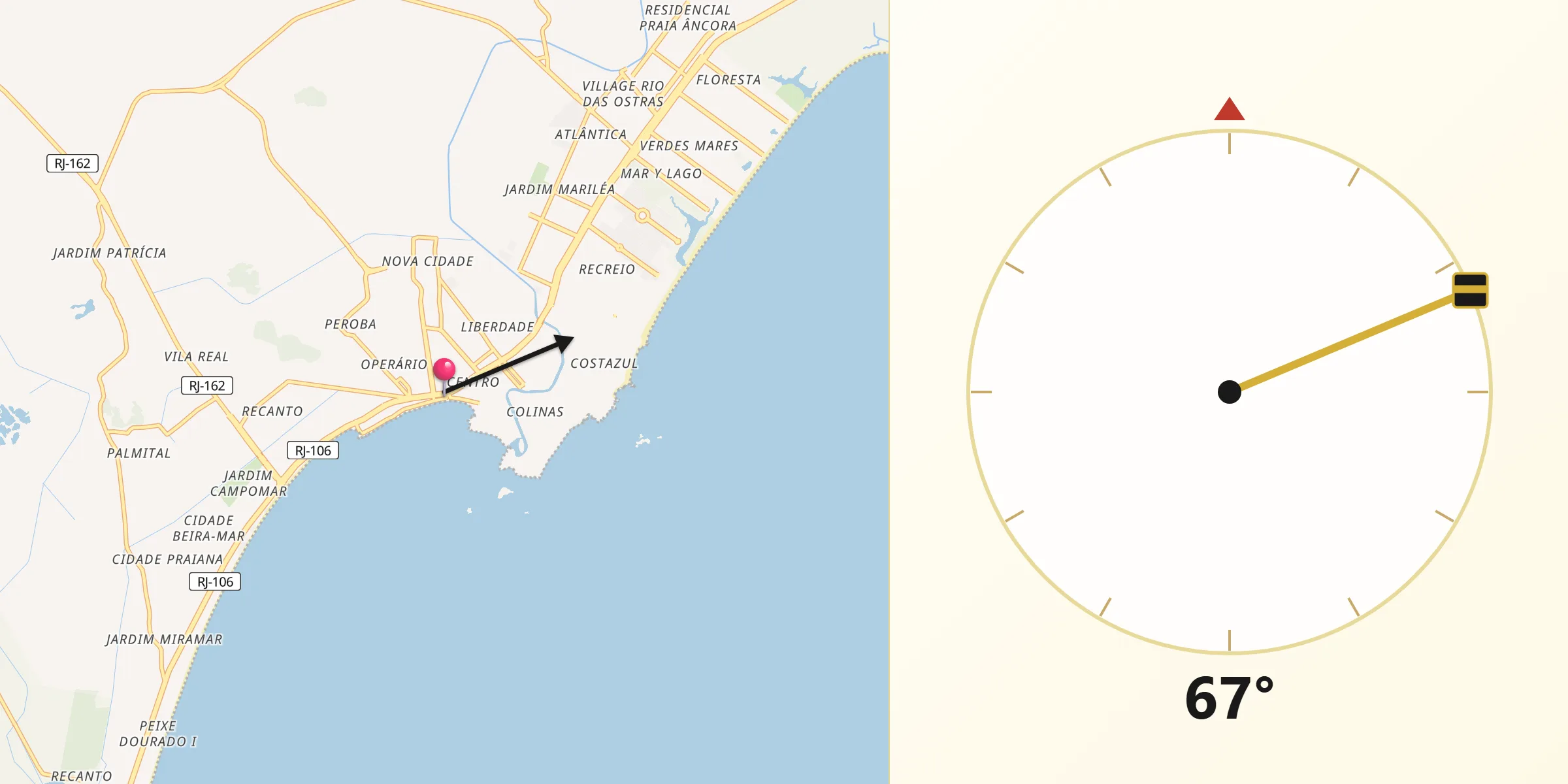 Direção da Qibla a partir de Rio das Ostras