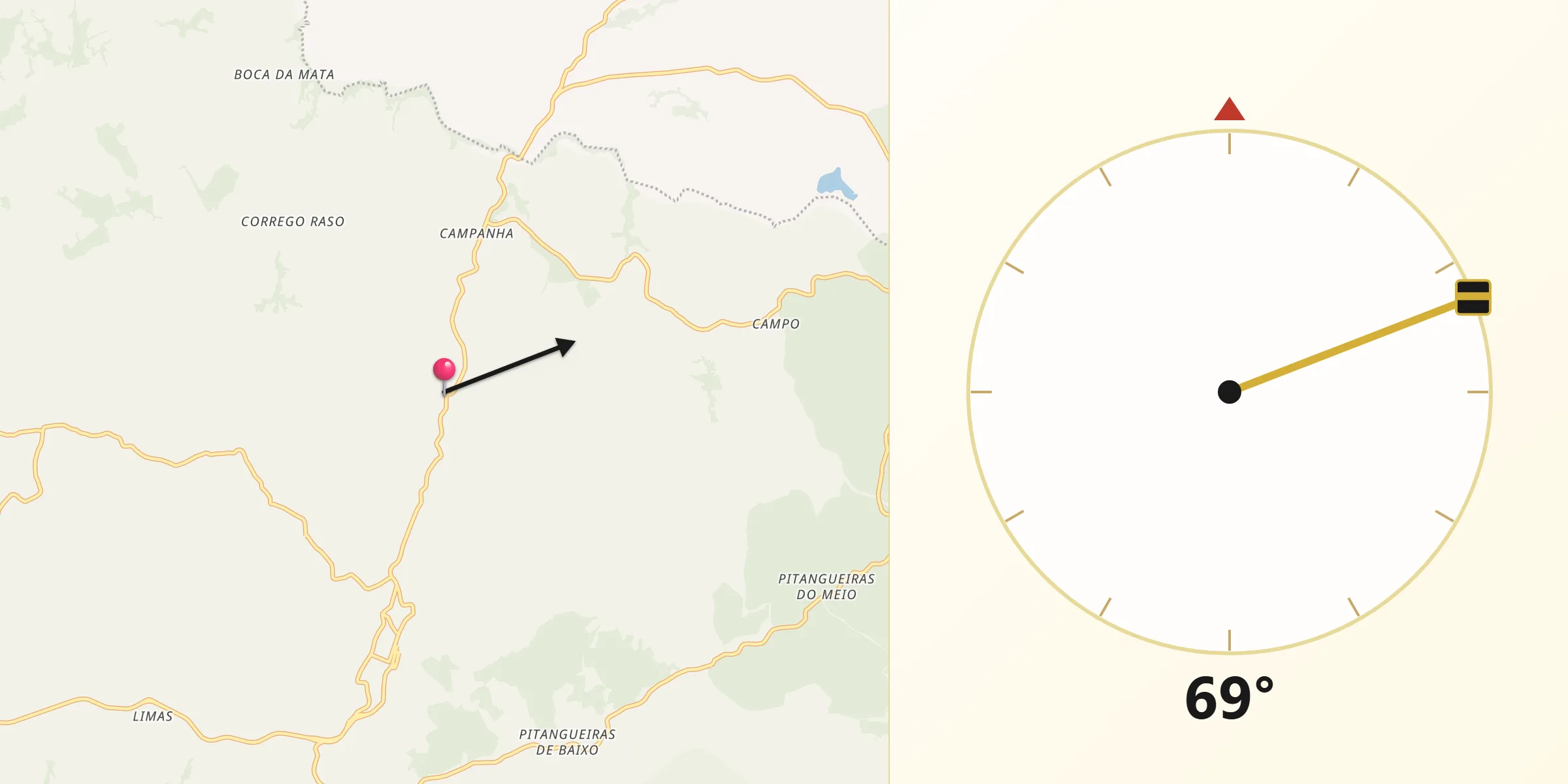 Direção da Qibla a partir de Pedra Bela