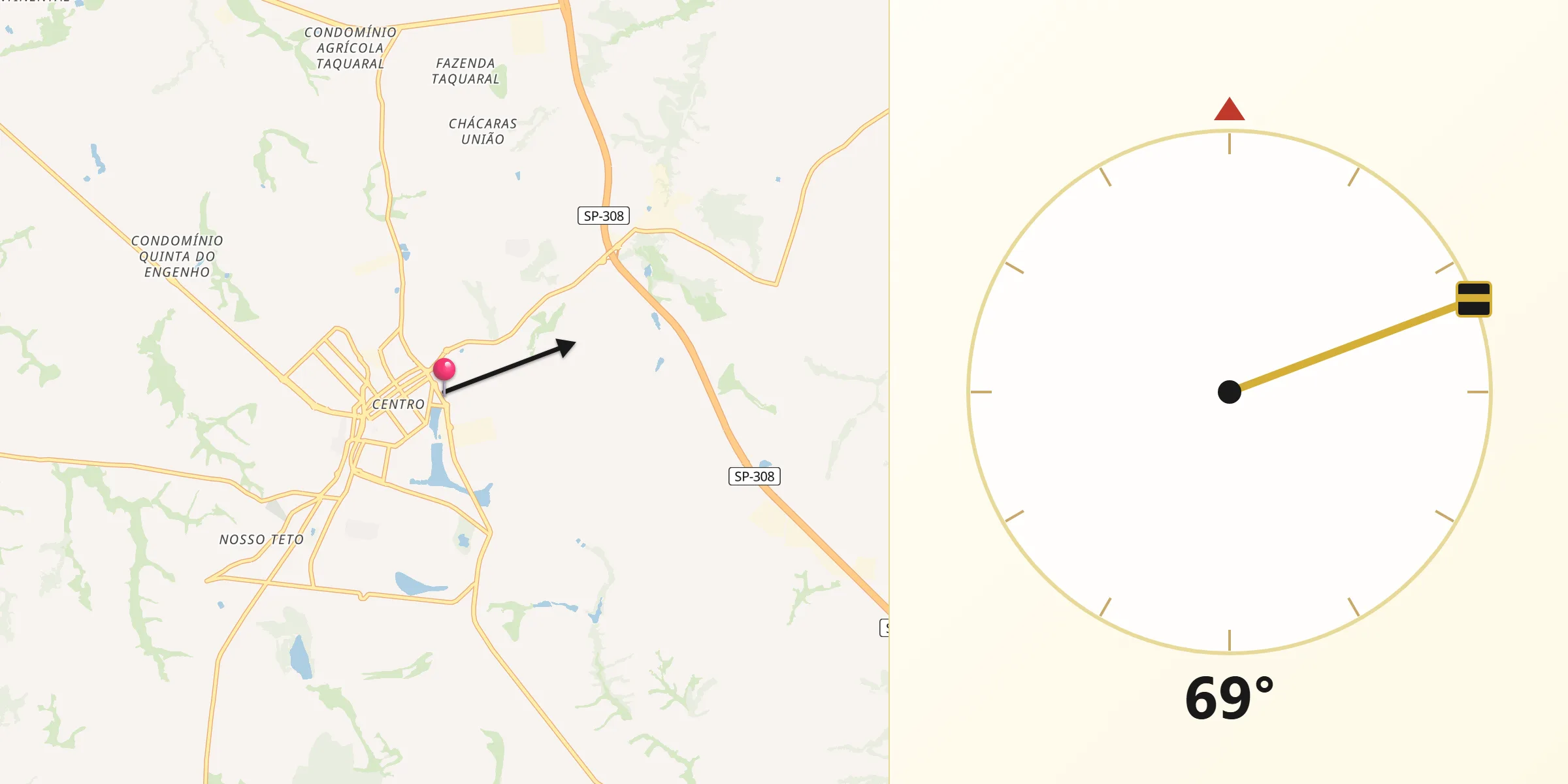 Direção da Qibla a partir de Rio das Pedras