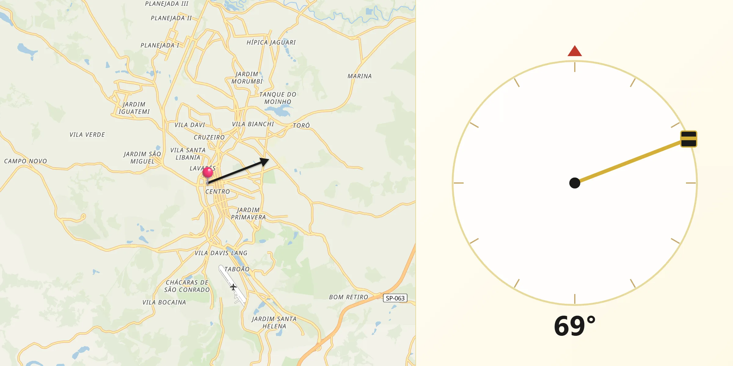 Direção da Qibla a partir de Bragança Paulista