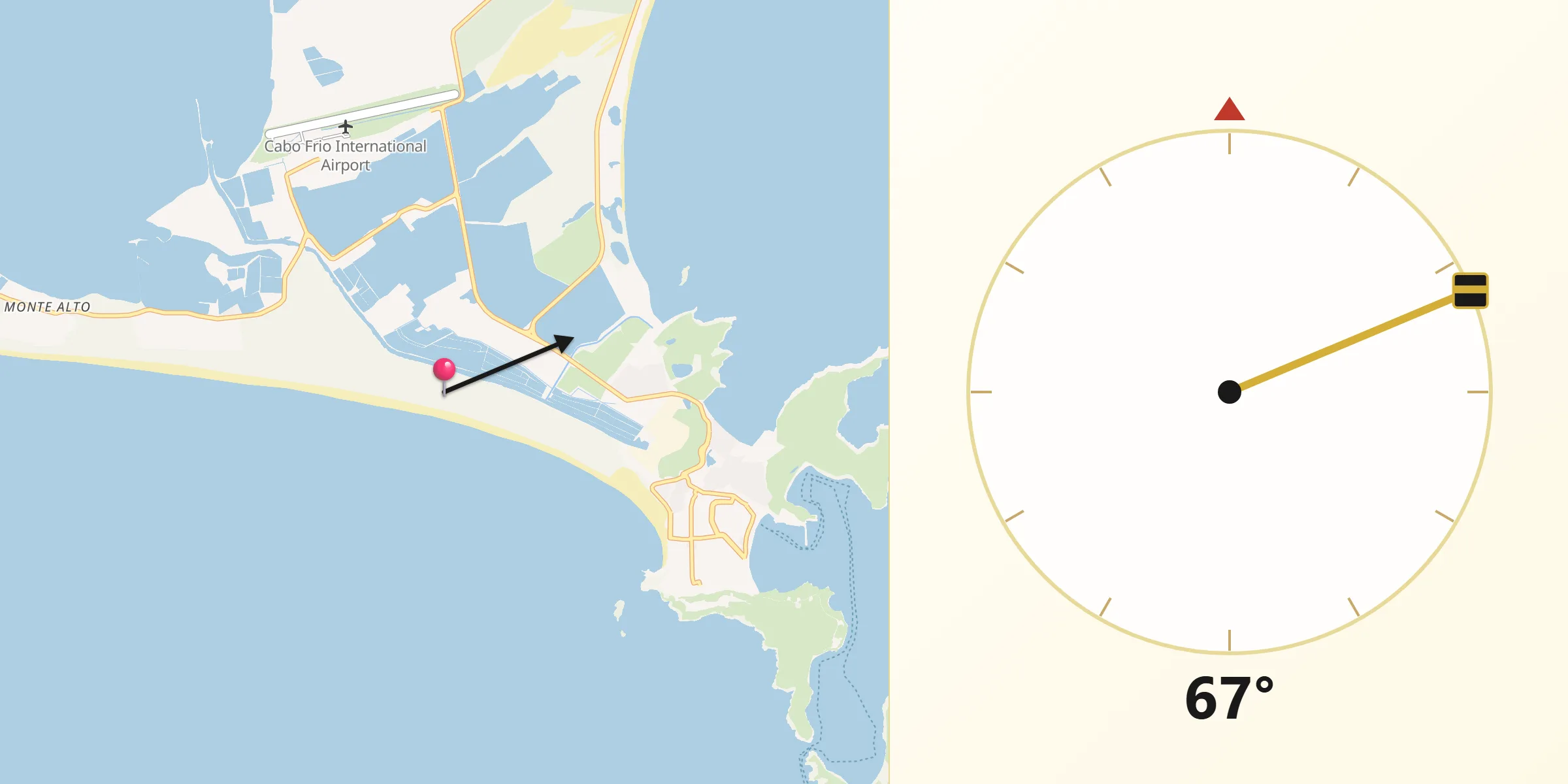 Direção da Qibla a partir de Arraial do Cabo