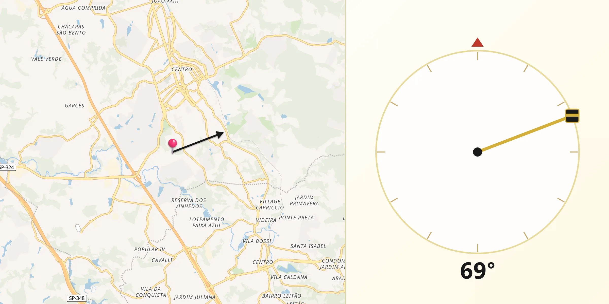 Direção da Qibla a partir de Vinhedo