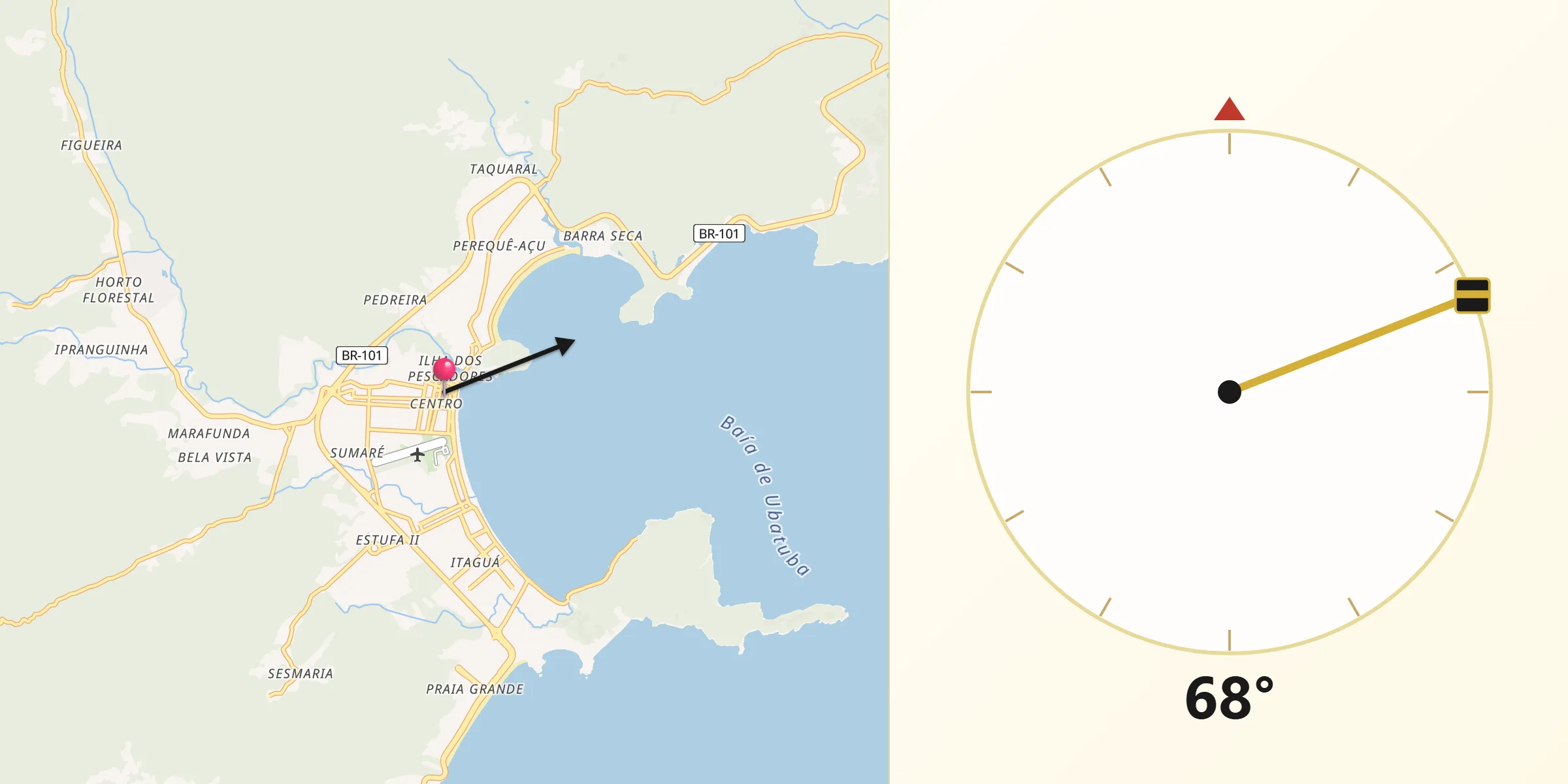 Direção da Qibla a partir de Ubatuba