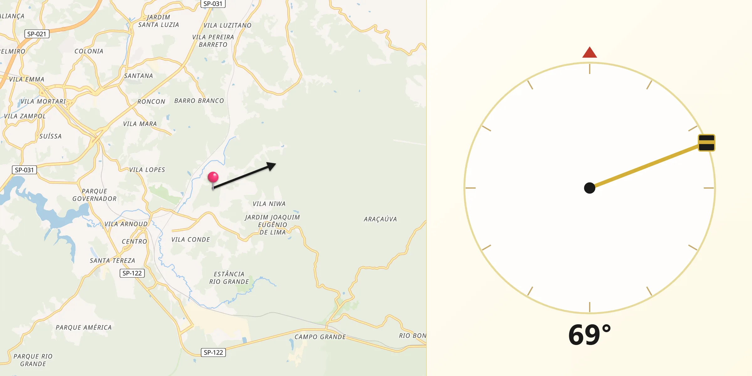 Direção da Qibla a partir de Rio Grande da Serra