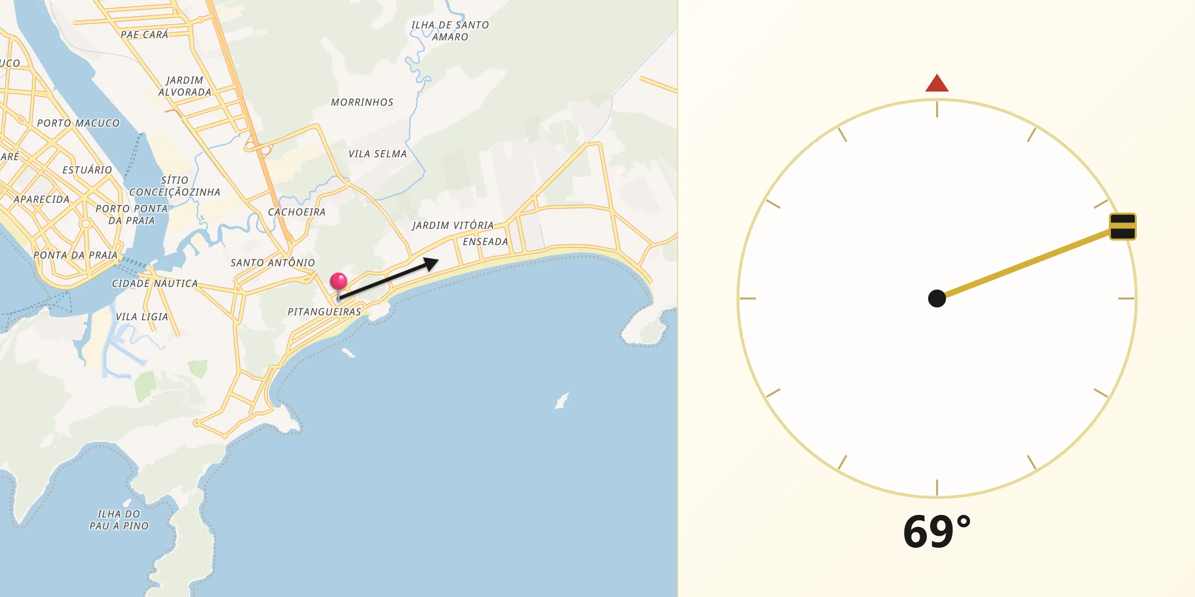 Direção da Qibla a partir de Guarujá