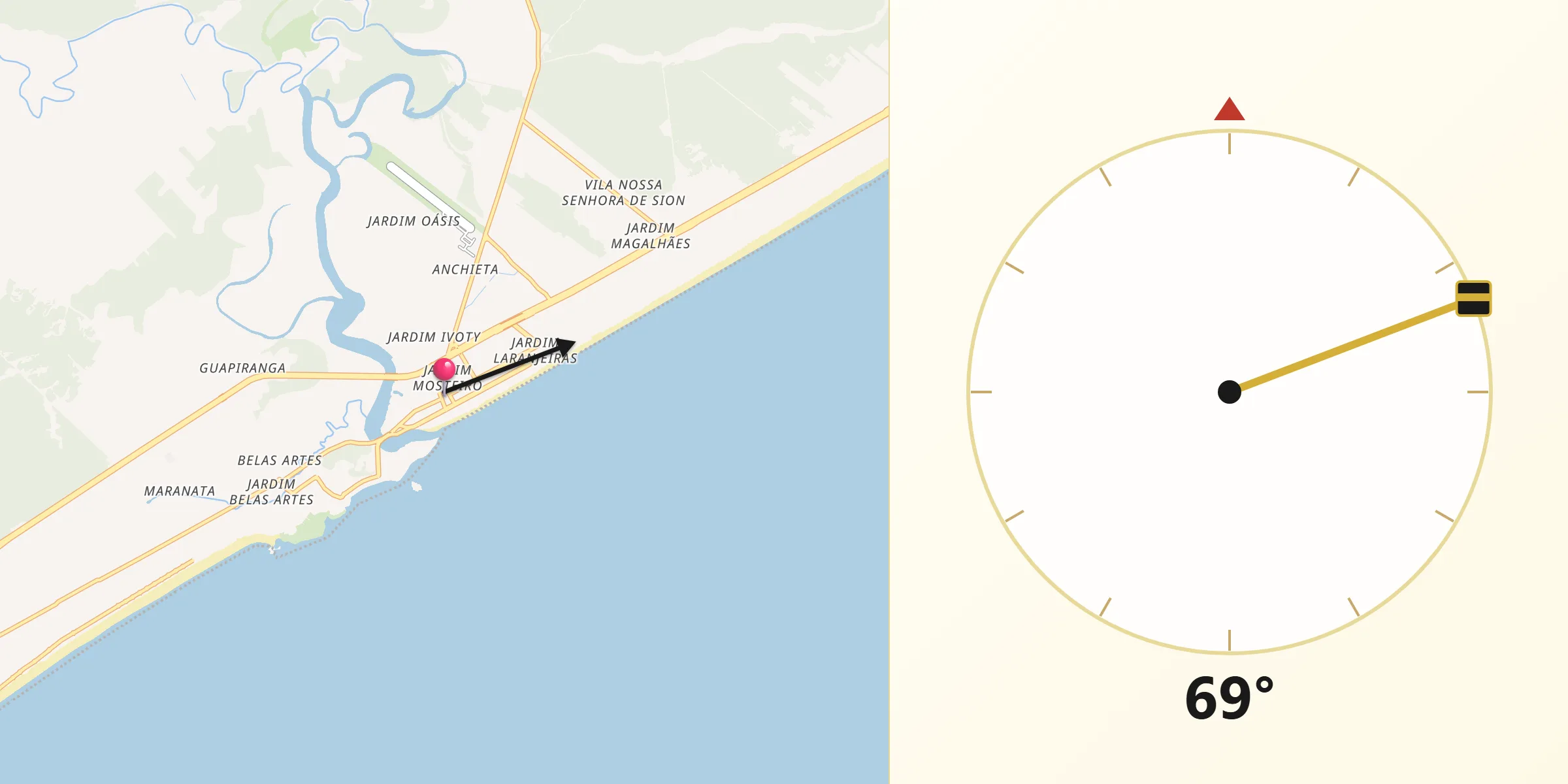 Direção da Qibla a partir de Itanhaém