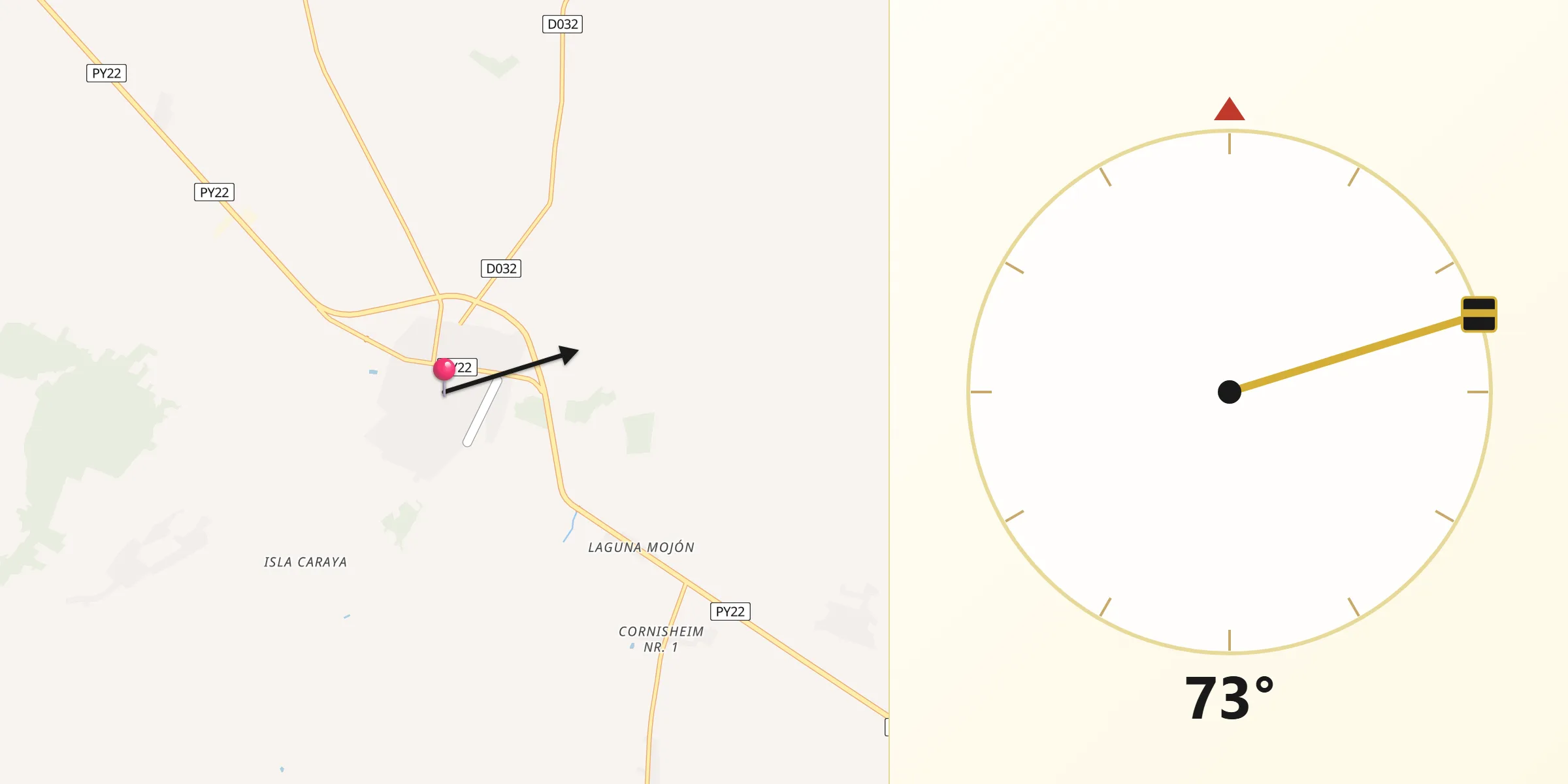 Dirección de la Qibla desde Itacurubí del Rosario