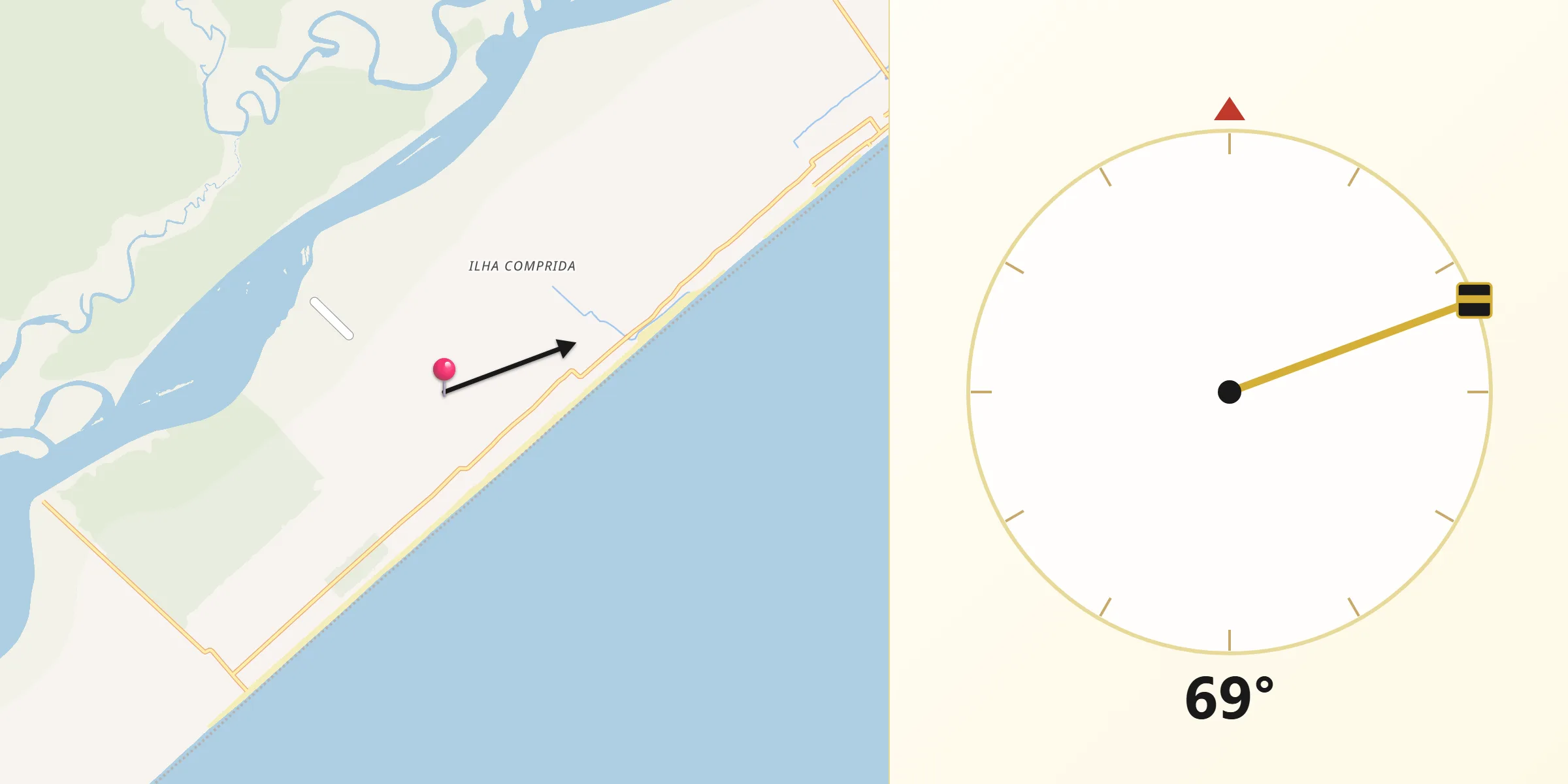 Direção da Qibla a partir de Ilha Comprida