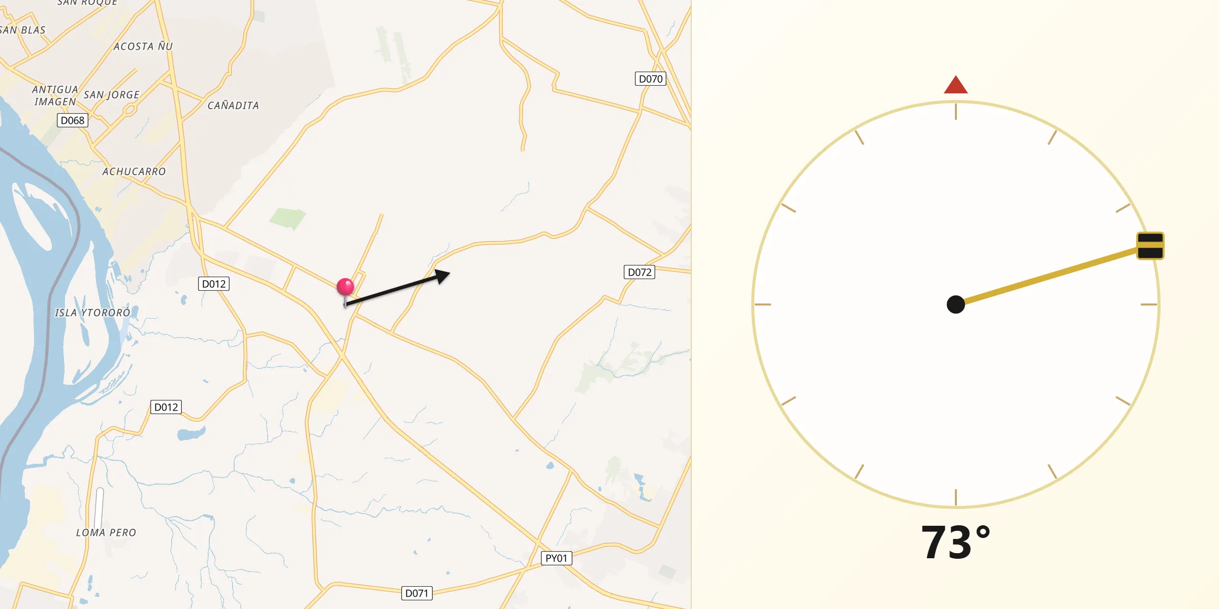 Dirección de la Qibla desde Ypané