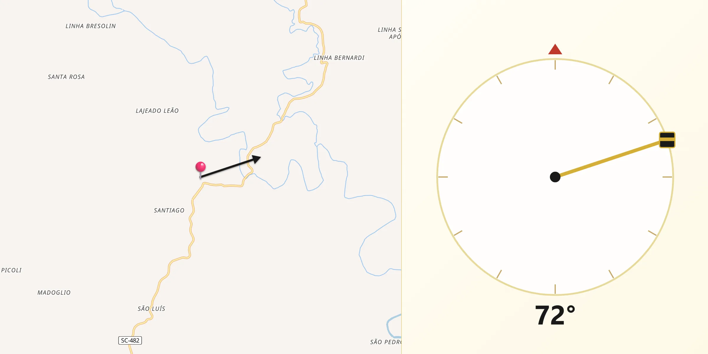 Direção da Qibla a partir de Santiago do Sul