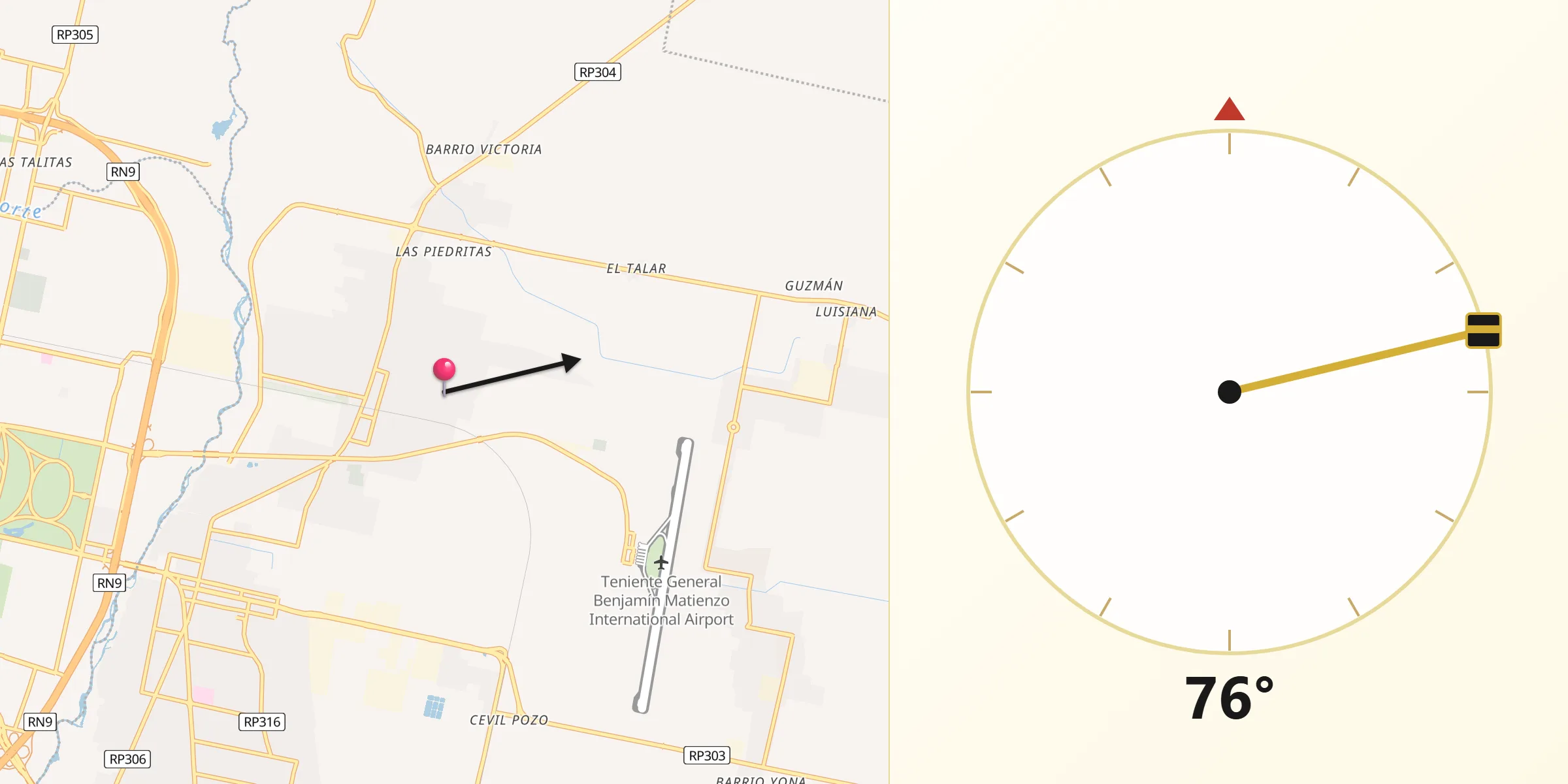 Dirección de la Qibla desde Alderetes
