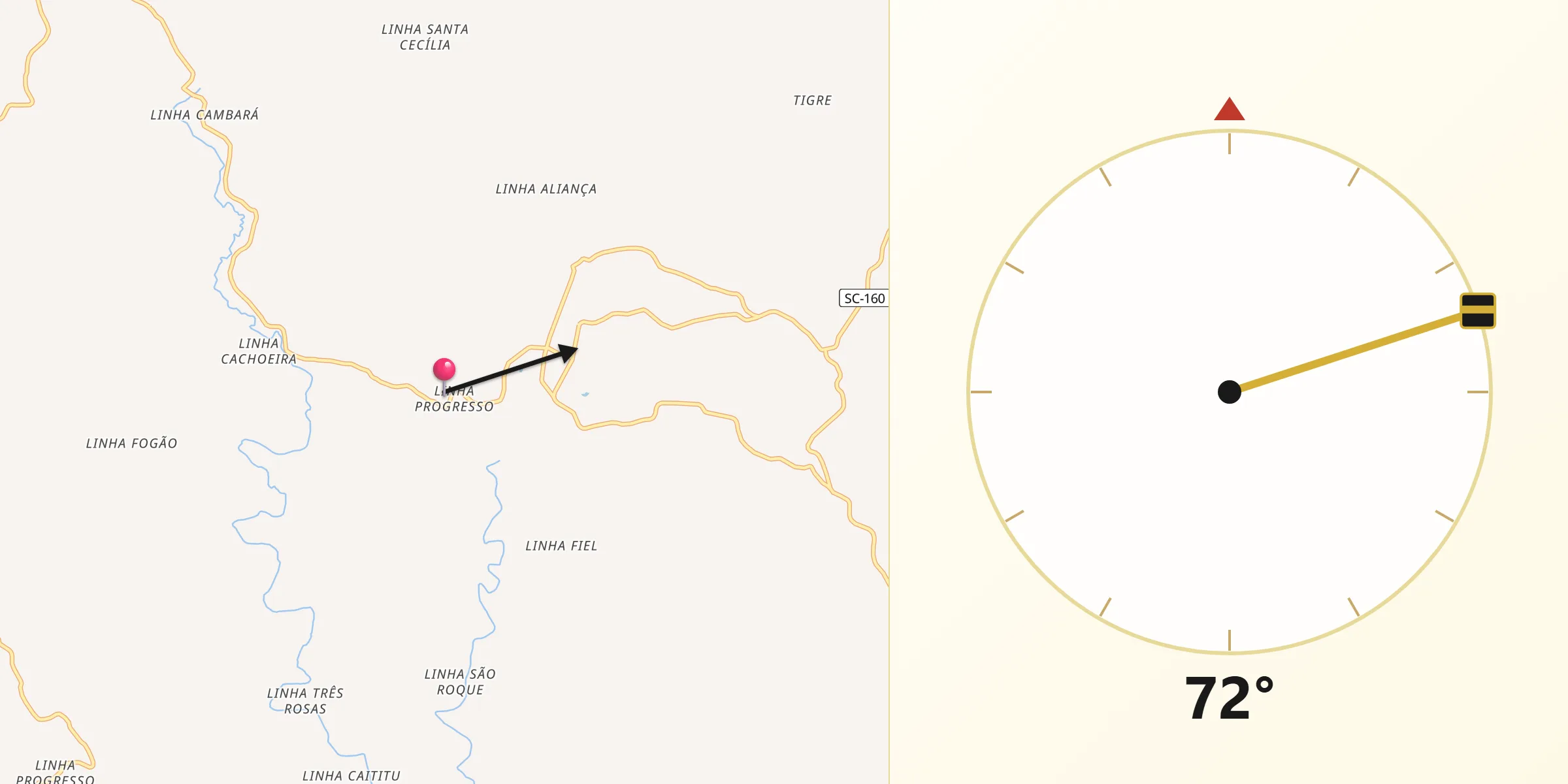 Direção da Qibla a partir de Cunhataí