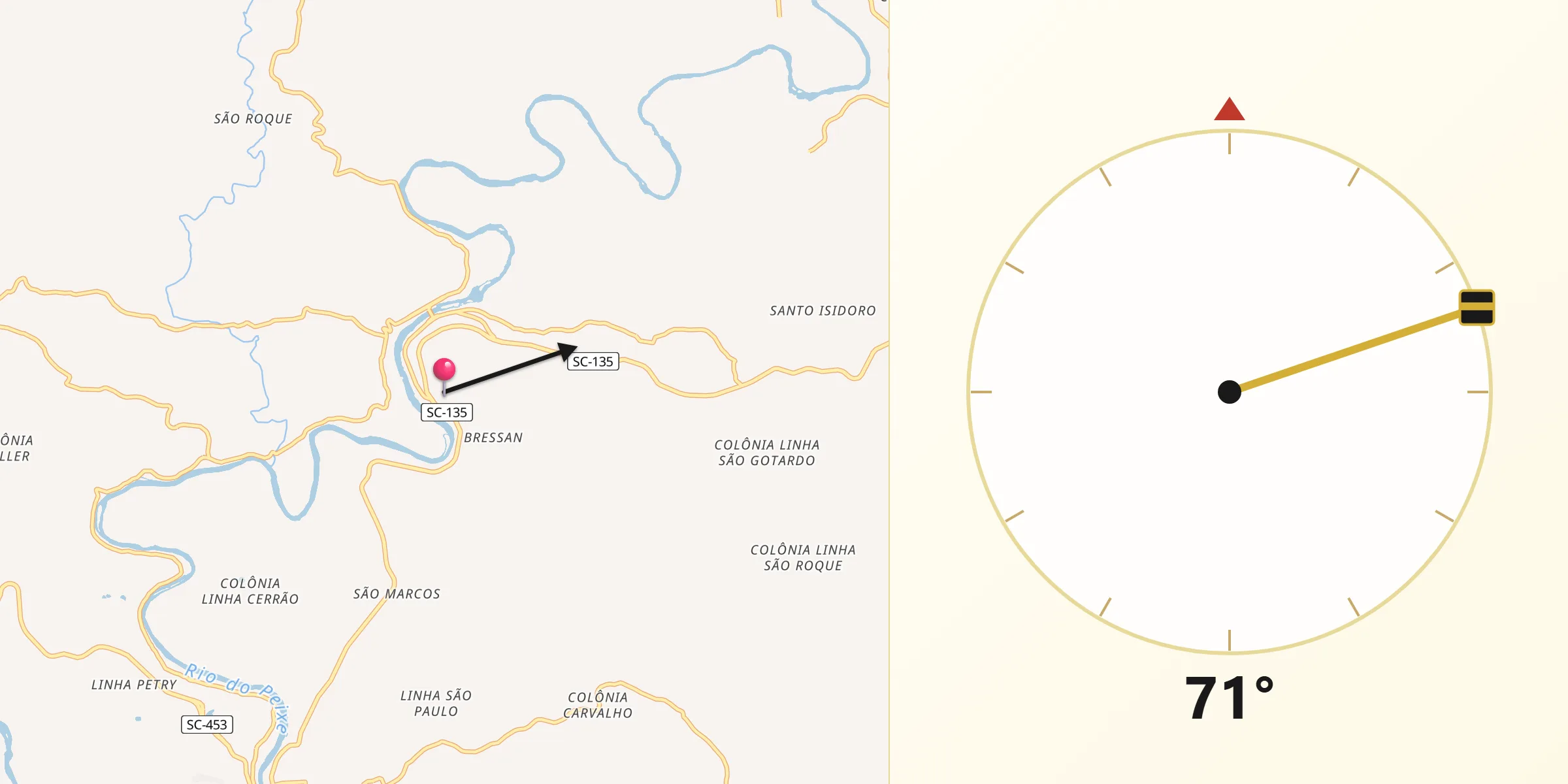 Direção da Qibla a partir de Pinheiro Preto