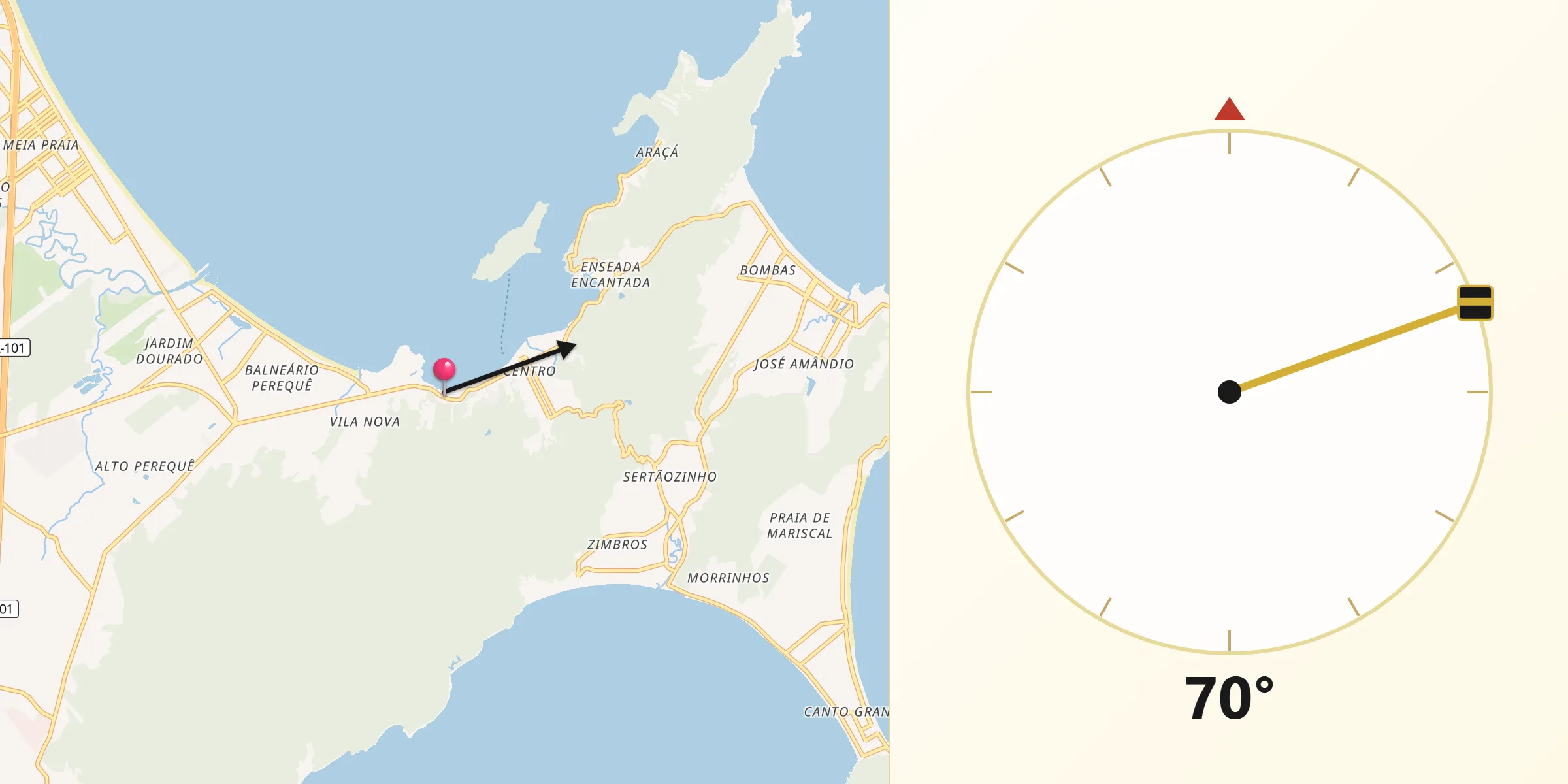 Direção da Qibla a partir de Porto Belo