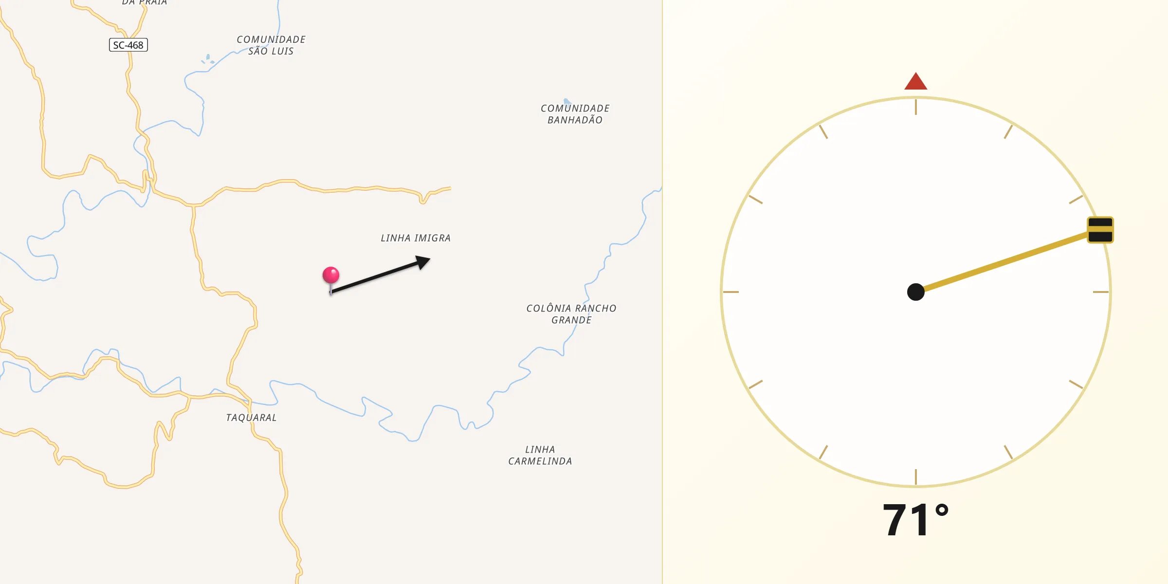 Direção da Qibla a partir de Presidente Castello Branco