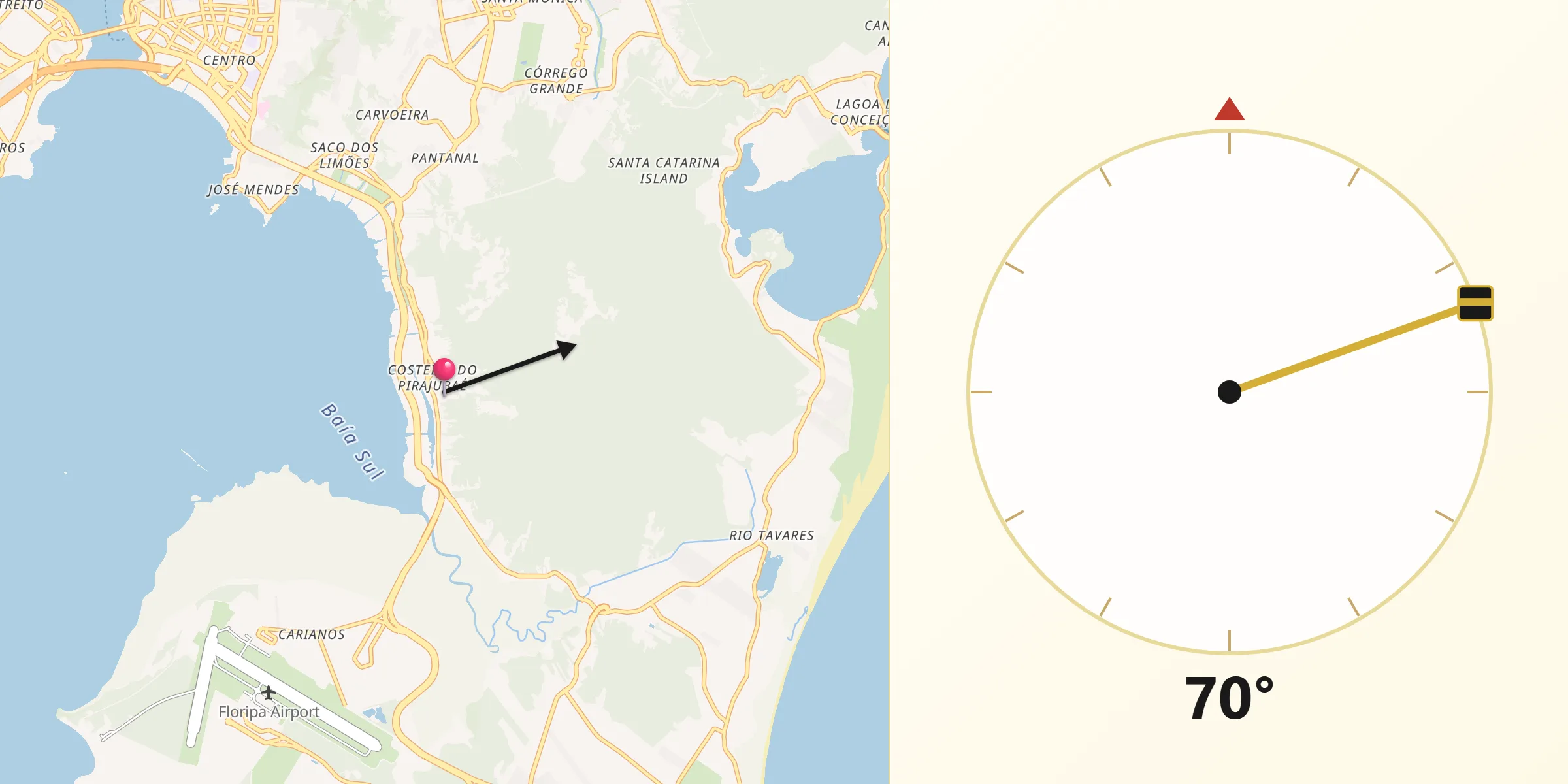Direção da Qibla a partir de Costeira do Pirajubae