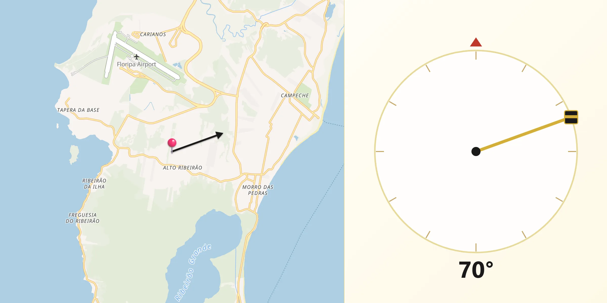 Direção da Qibla a partir de Ribeirão da Ilha