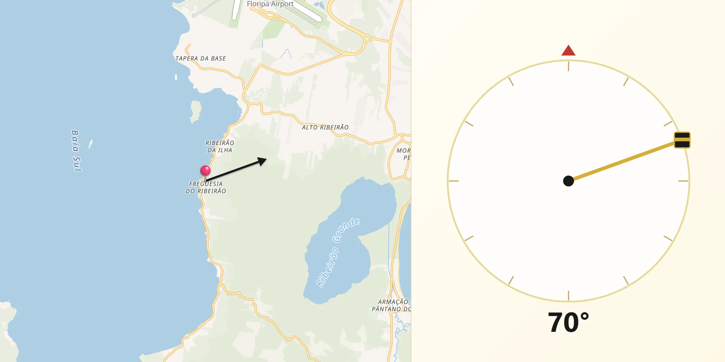 Direção da Qibla a partir de Freguesia do Ribeirao da Ilha