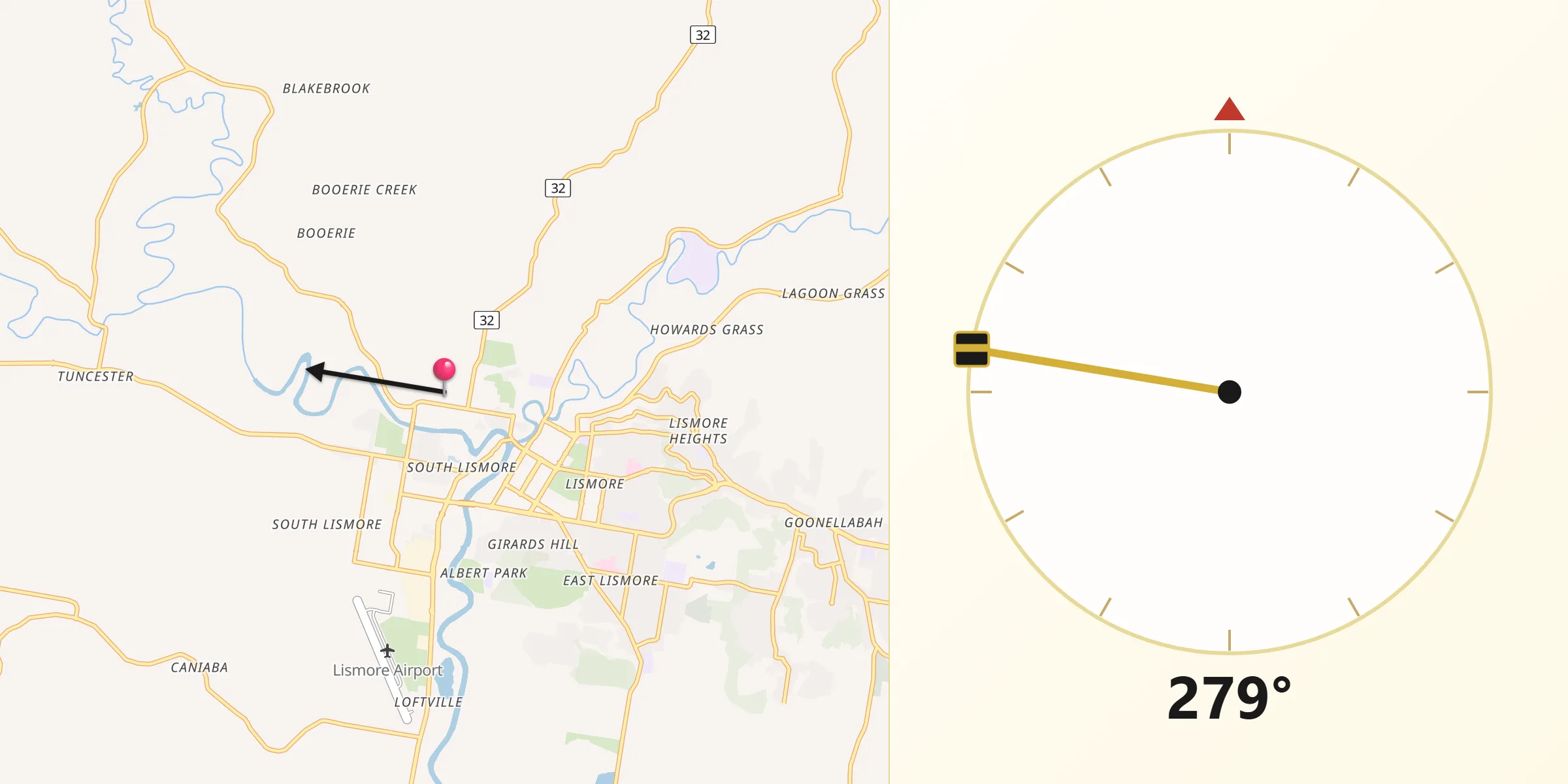 Qibla Direction from Lismore Municipality