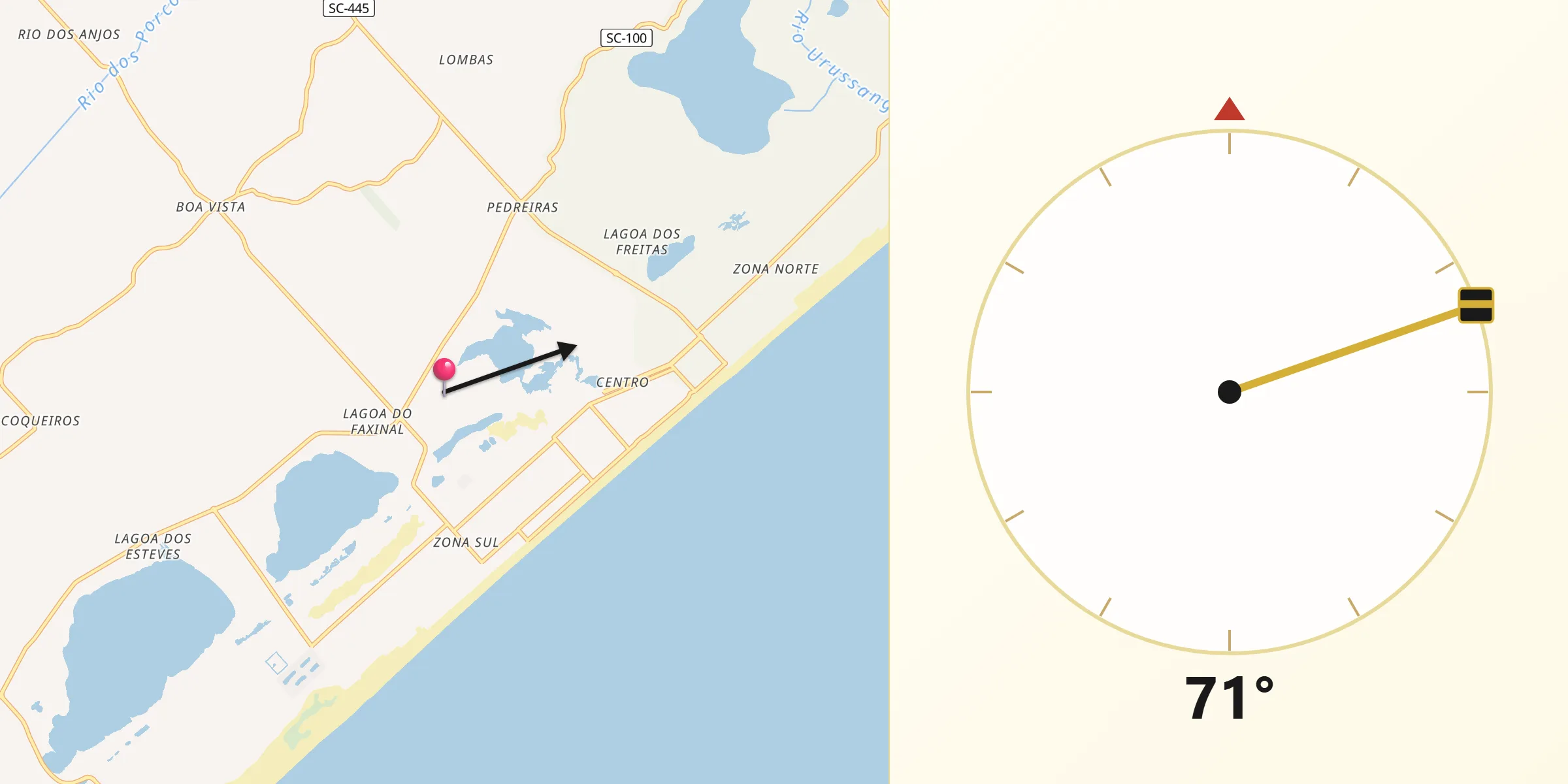 Direção da Qibla a partir de Balneário Rincão