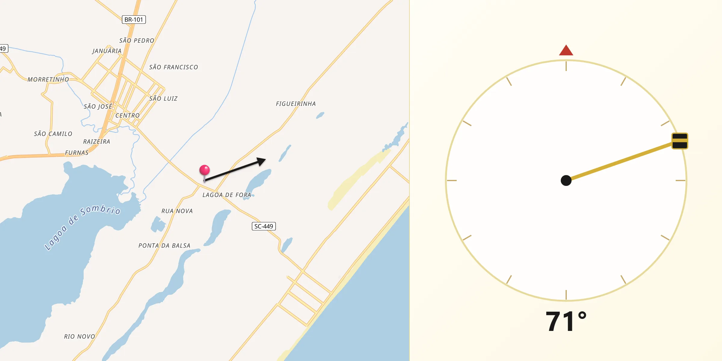 Direção da Qibla a partir de Balneário Gaivota