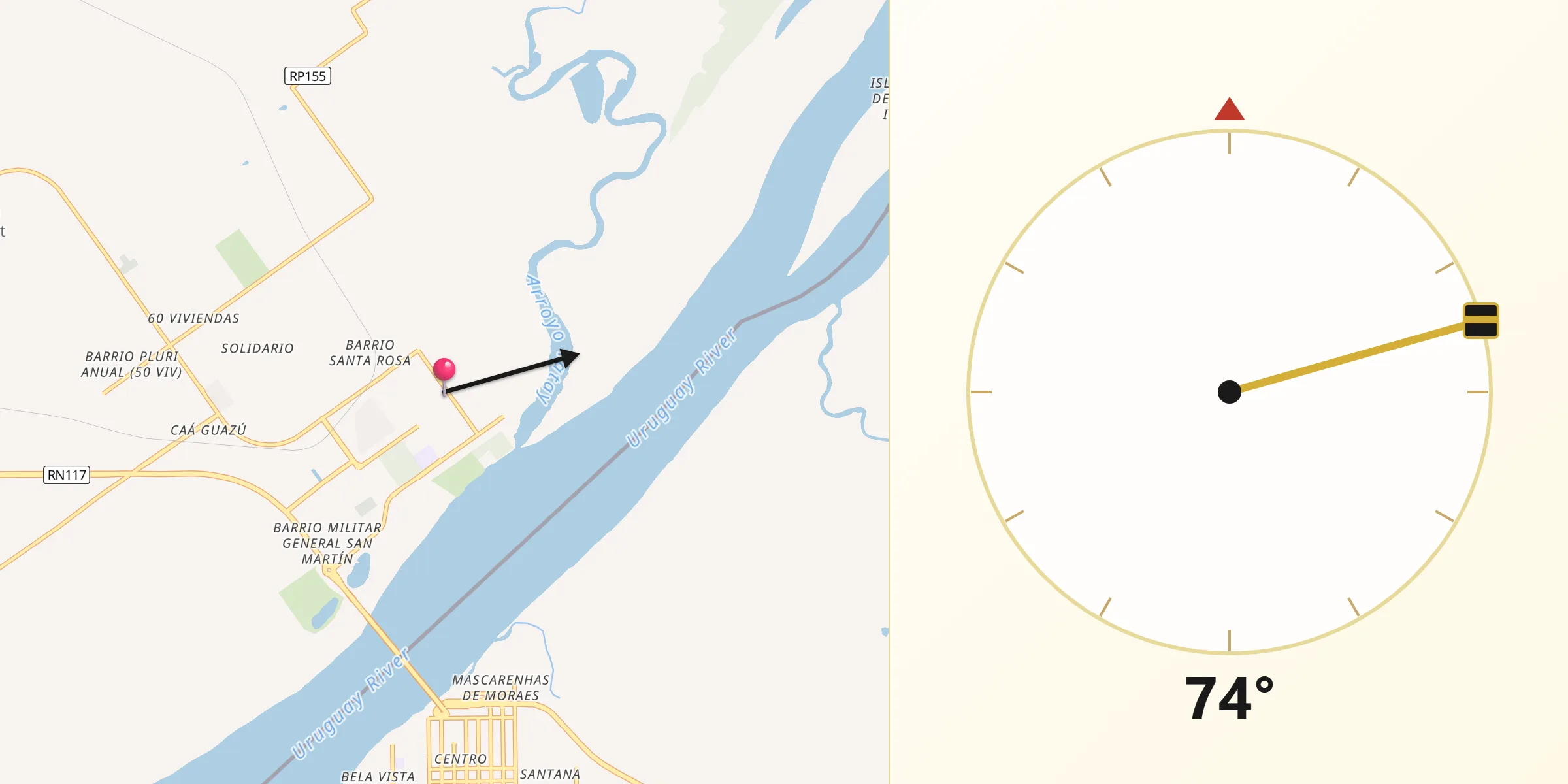Dirección de la Qibla desde Paso de los Libres