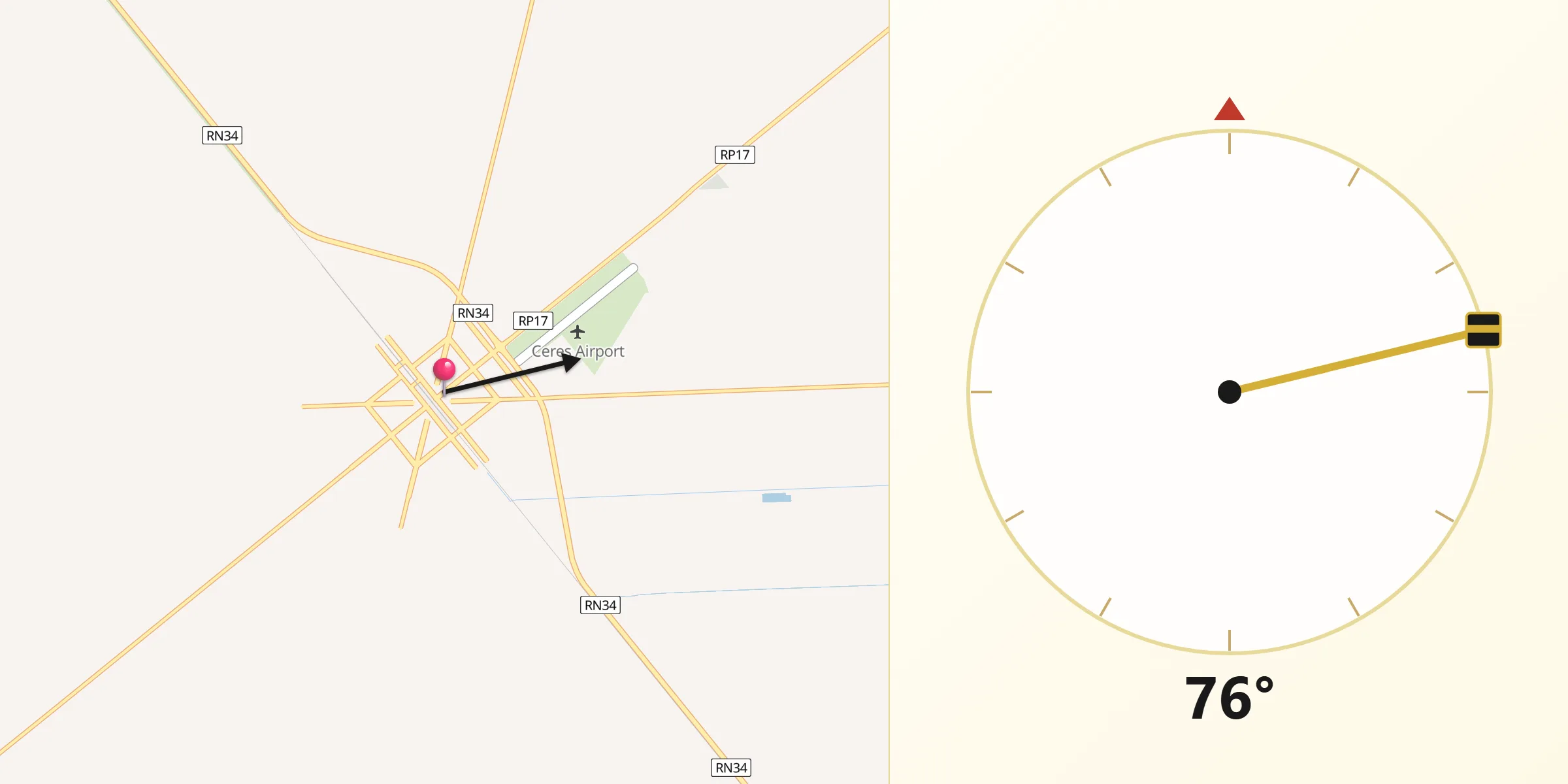 Dirección de la Qibla desde Ceres