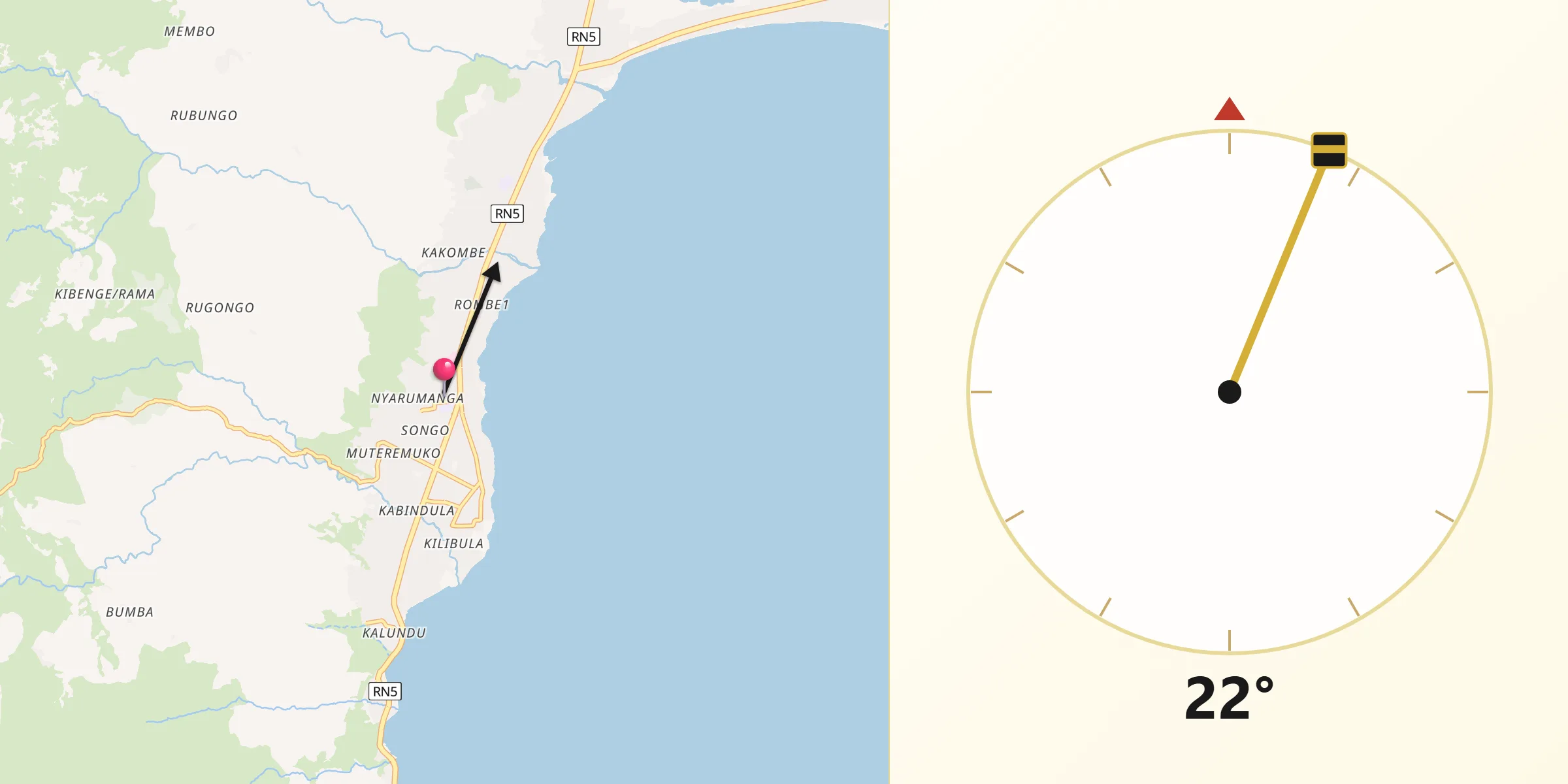 Direction vers la Qibla depuis Uvira