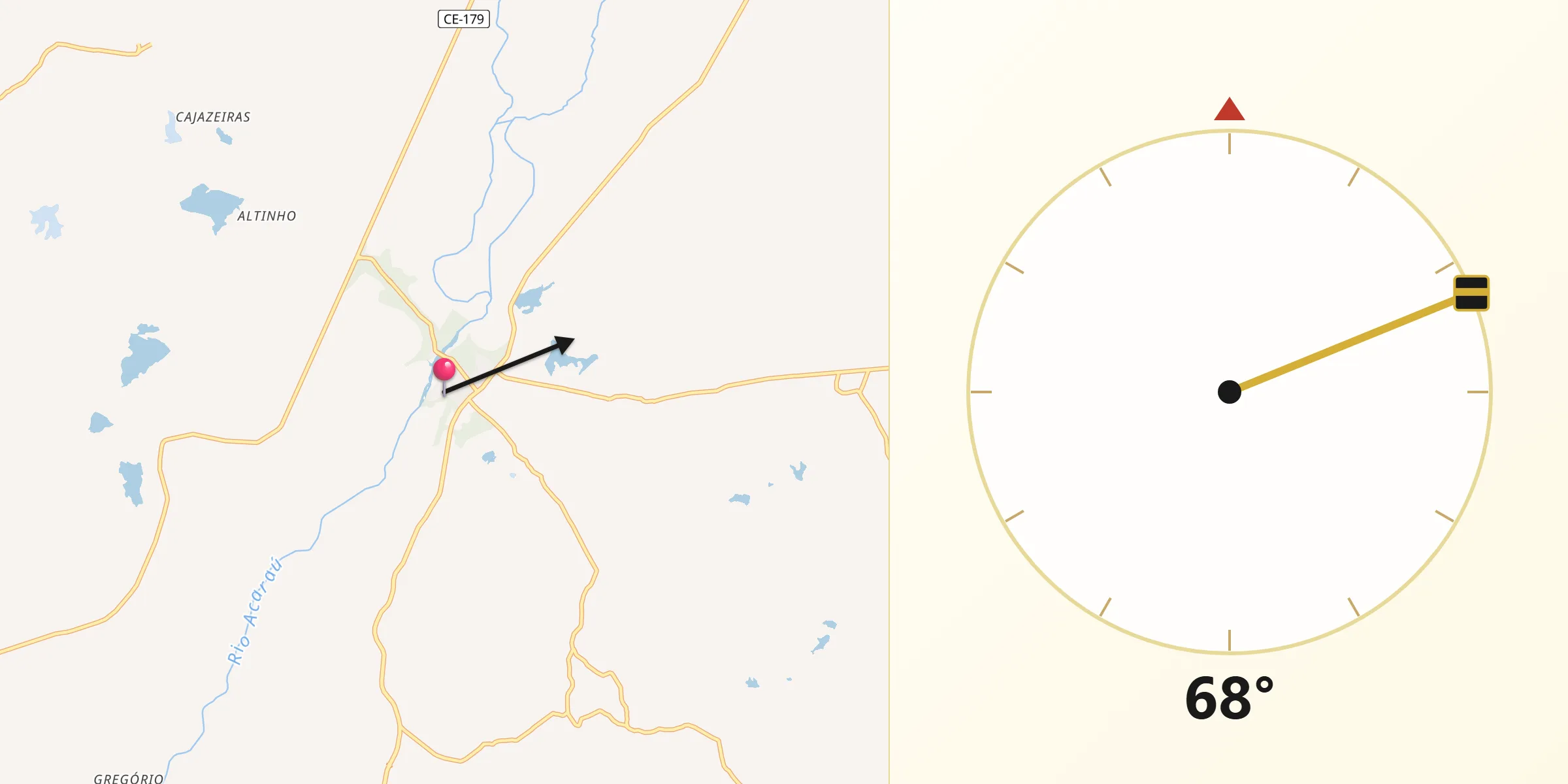 Direção da Qibla a partir de Santana do Acaraú