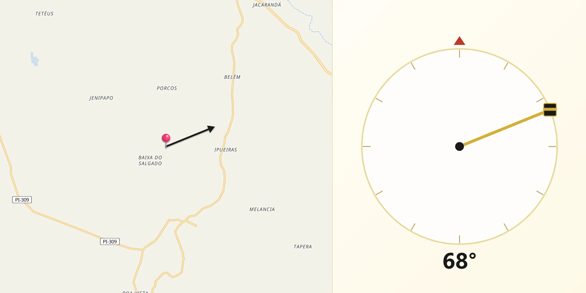 Direção da Qibla a partir de Cocal dos Alves