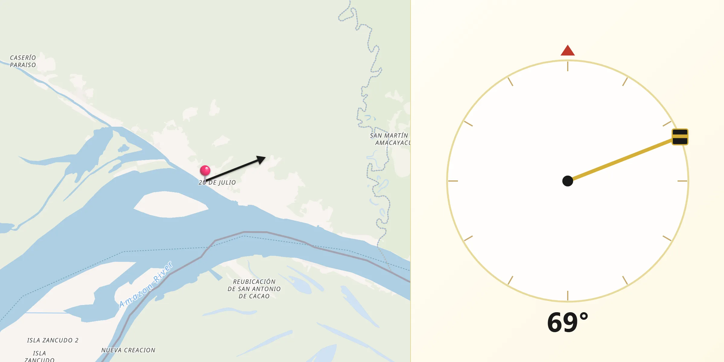 Dirección de la Qibla desde Puerto Nariño
