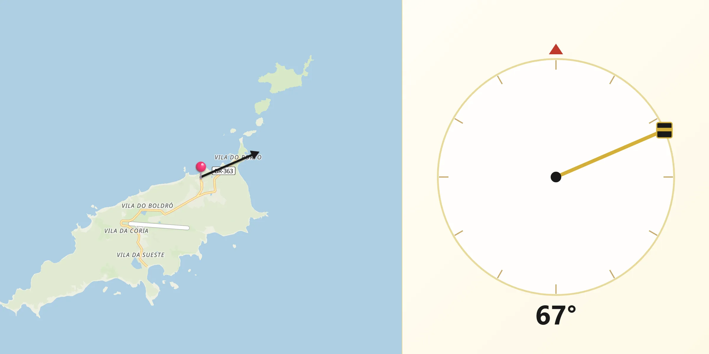 Direção da Qibla a partir de Fernando de Noronha (Distrito Estadual)