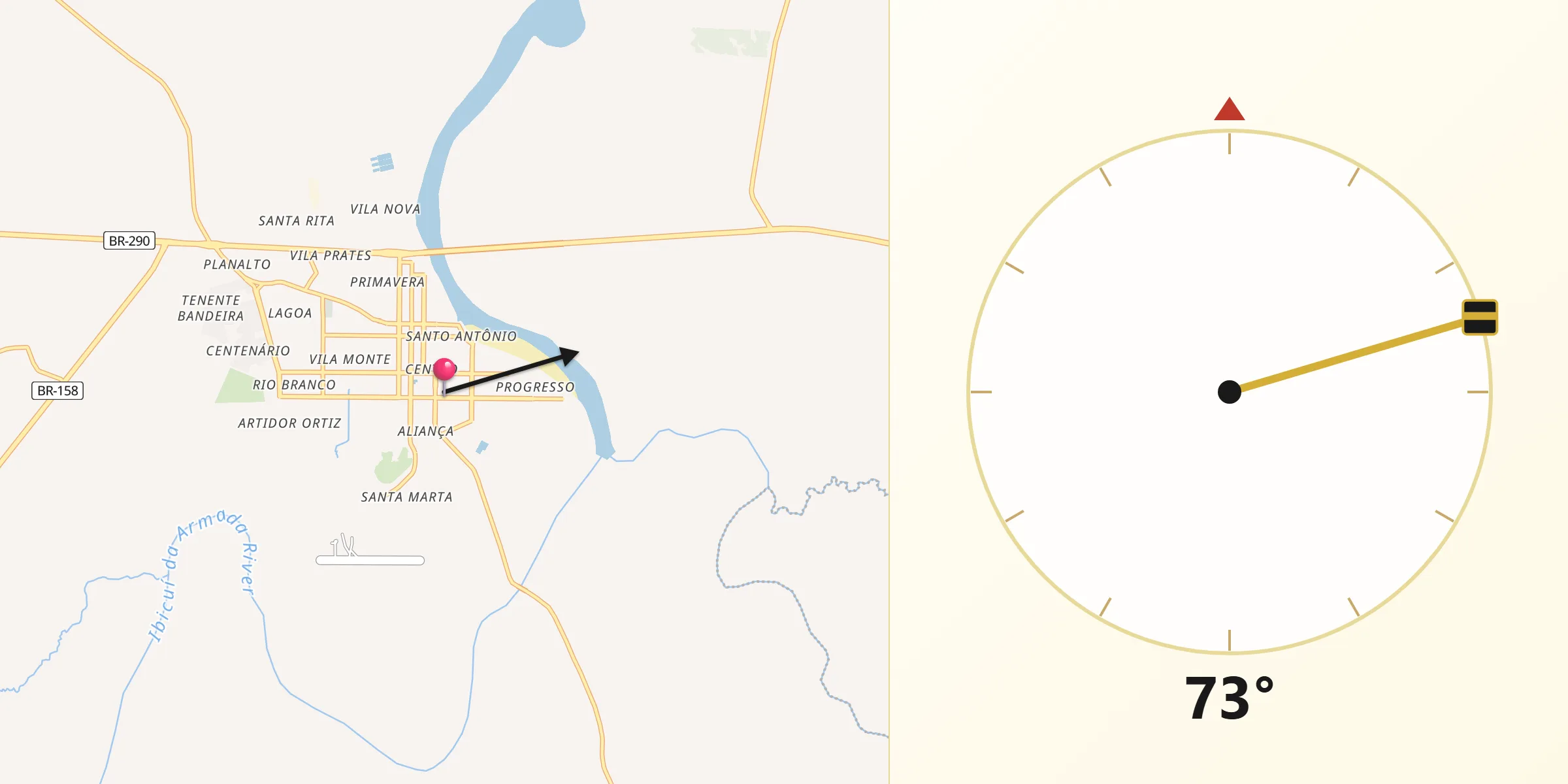 Direção da Qibla a partir de Rosário do Sul