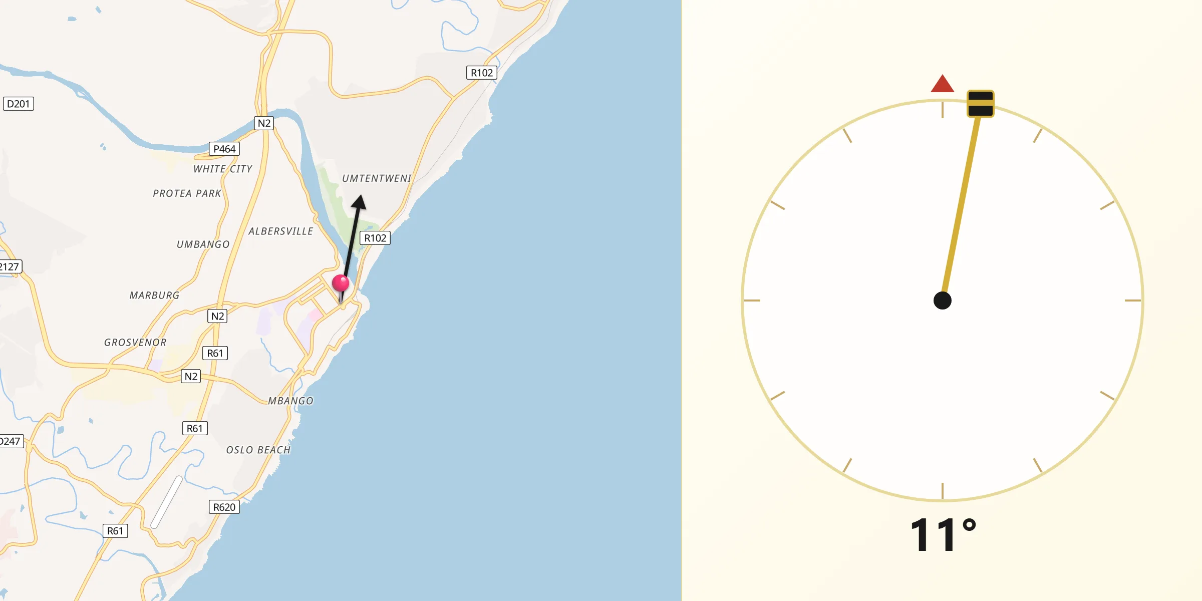 Qibla Direction from Port Shepstone