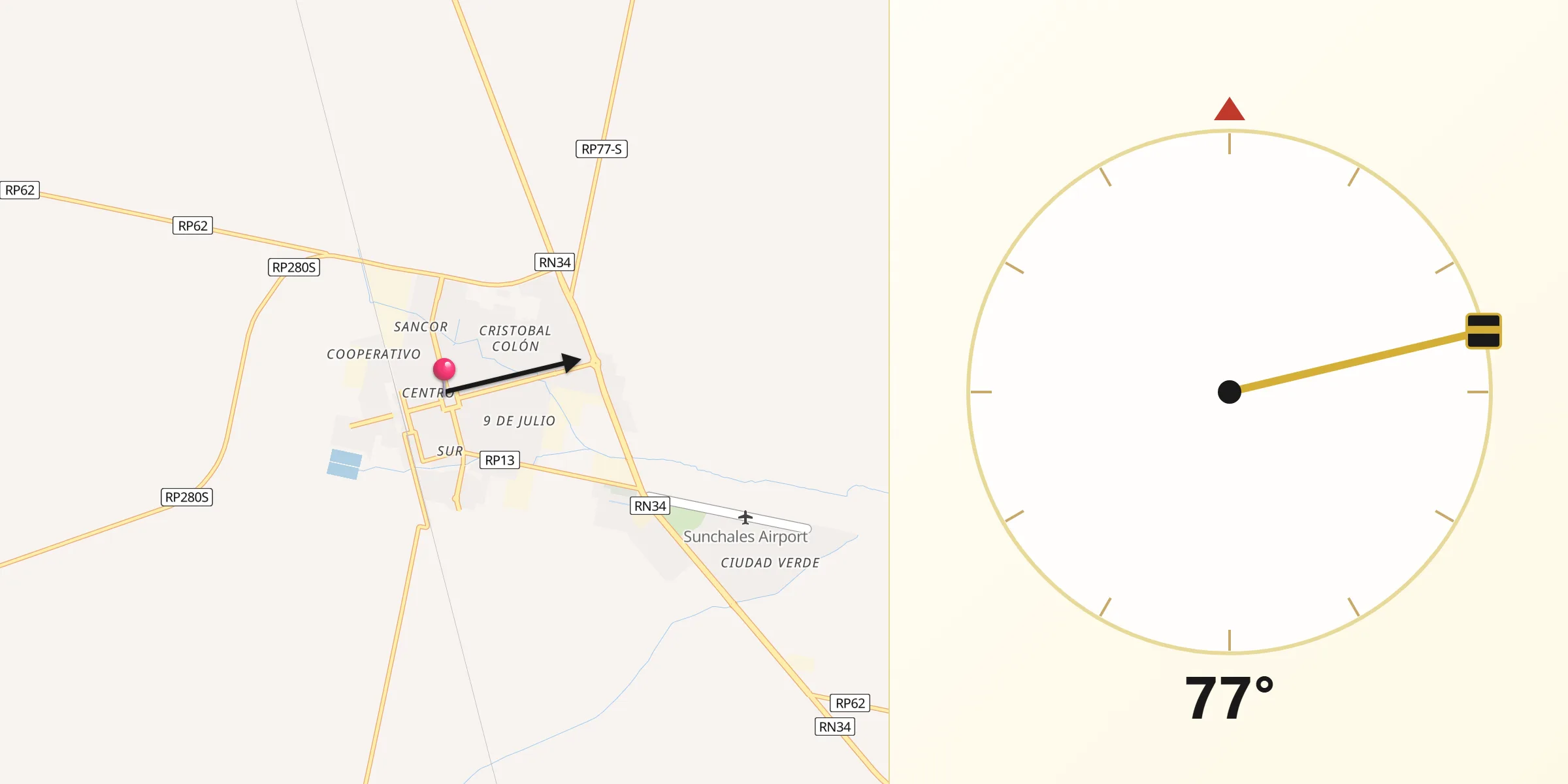 Dirección de la Qibla desde Sunchales