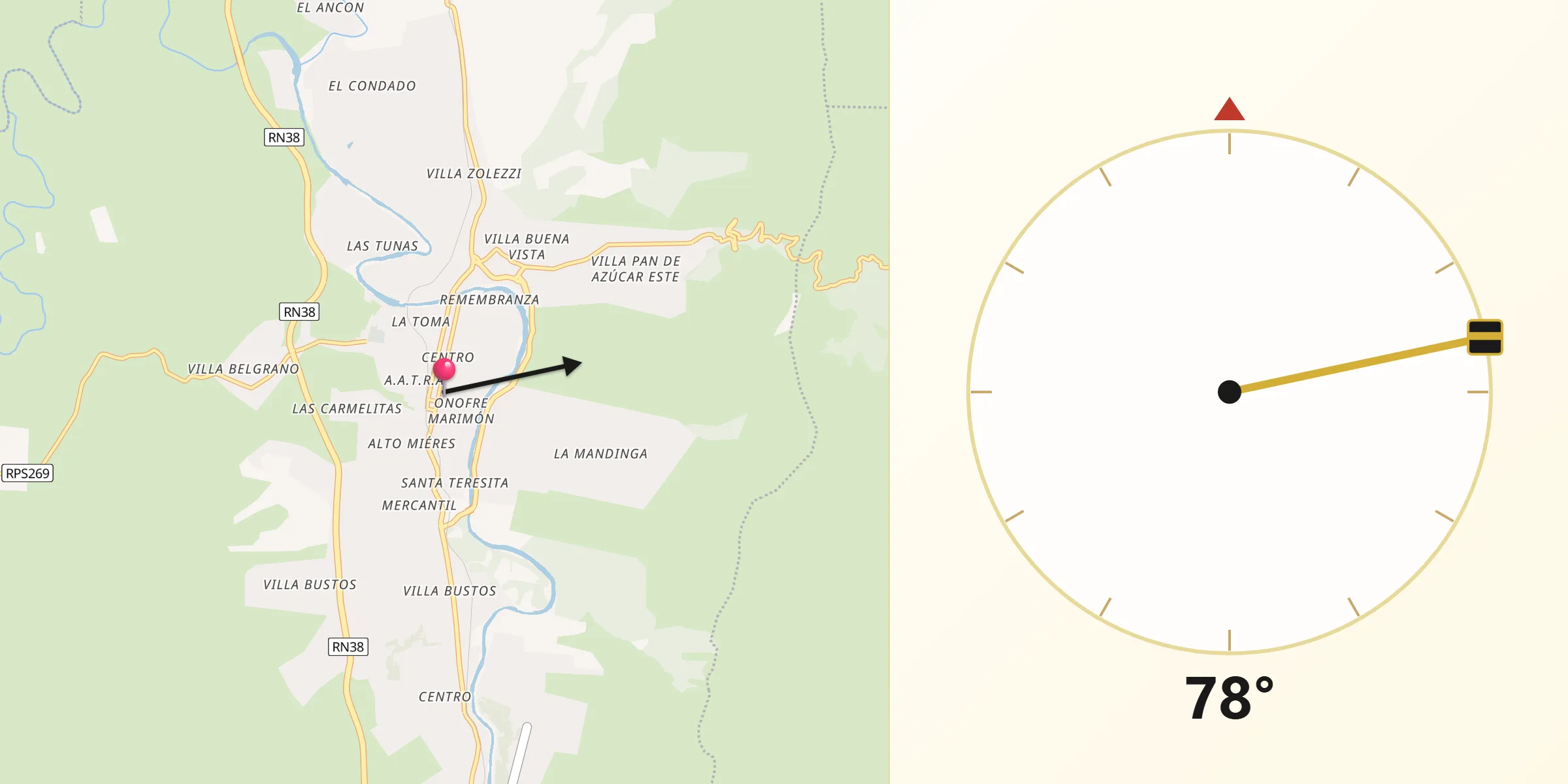 Dirección de la Qibla desde Cosquín