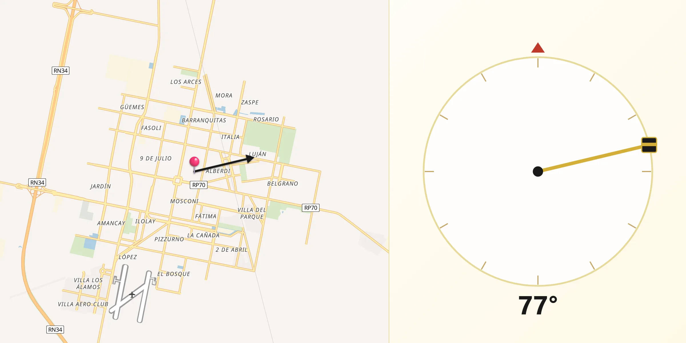 Dirección de la Qibla desde Rafaela