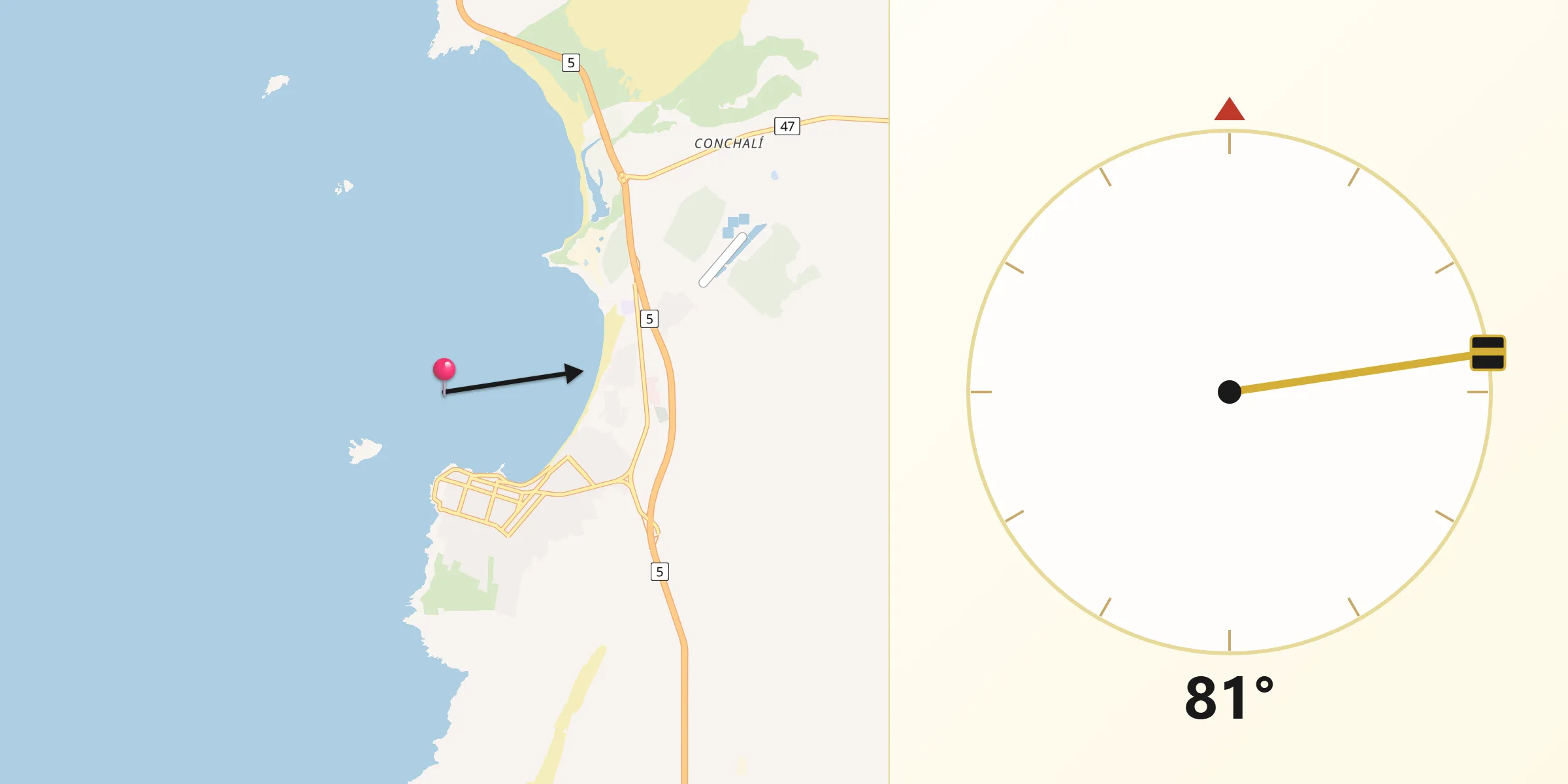 Dirección de la Qibla desde Los Vilos