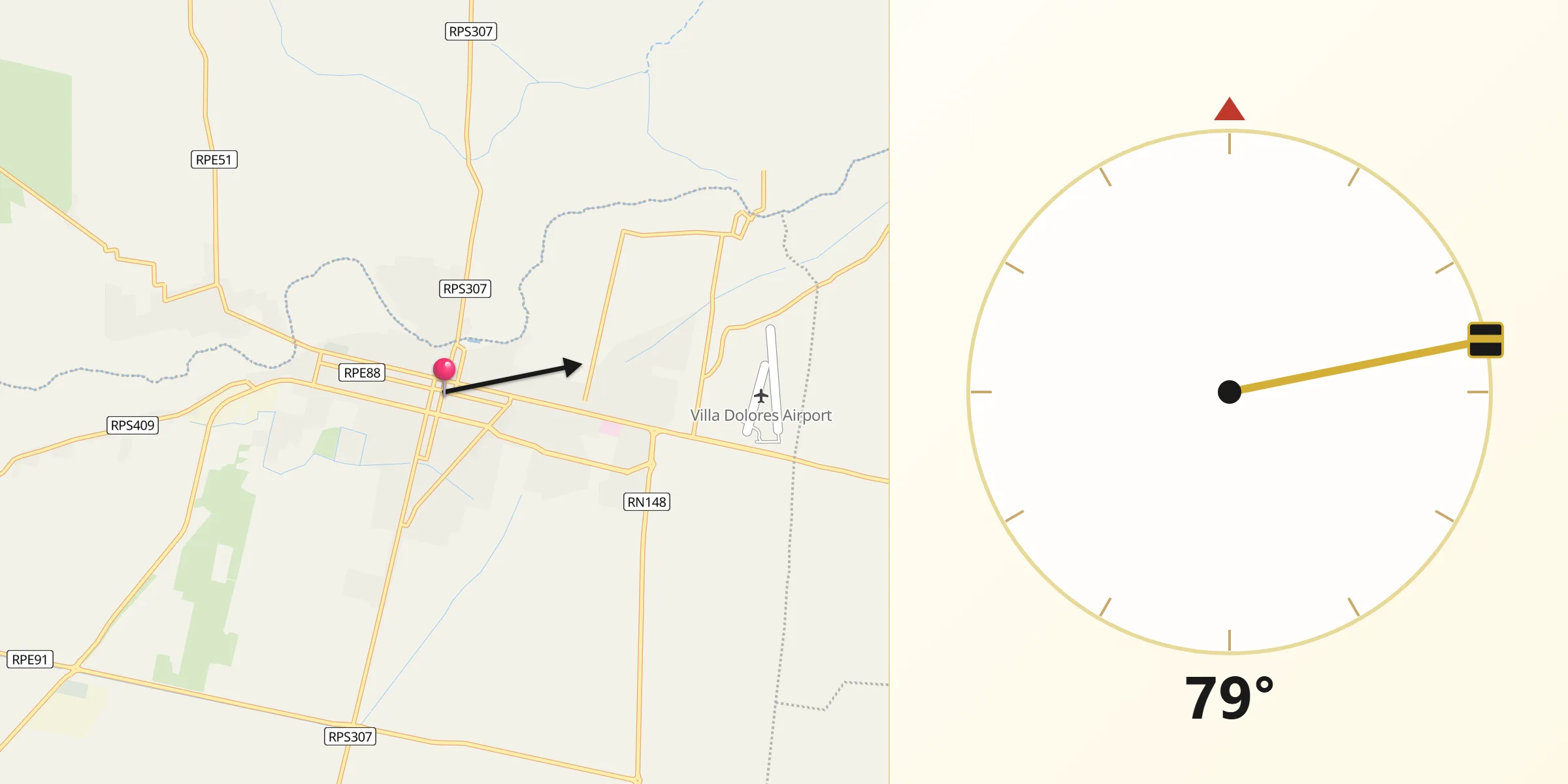 Dirección de la Qibla desde Villa Dolores