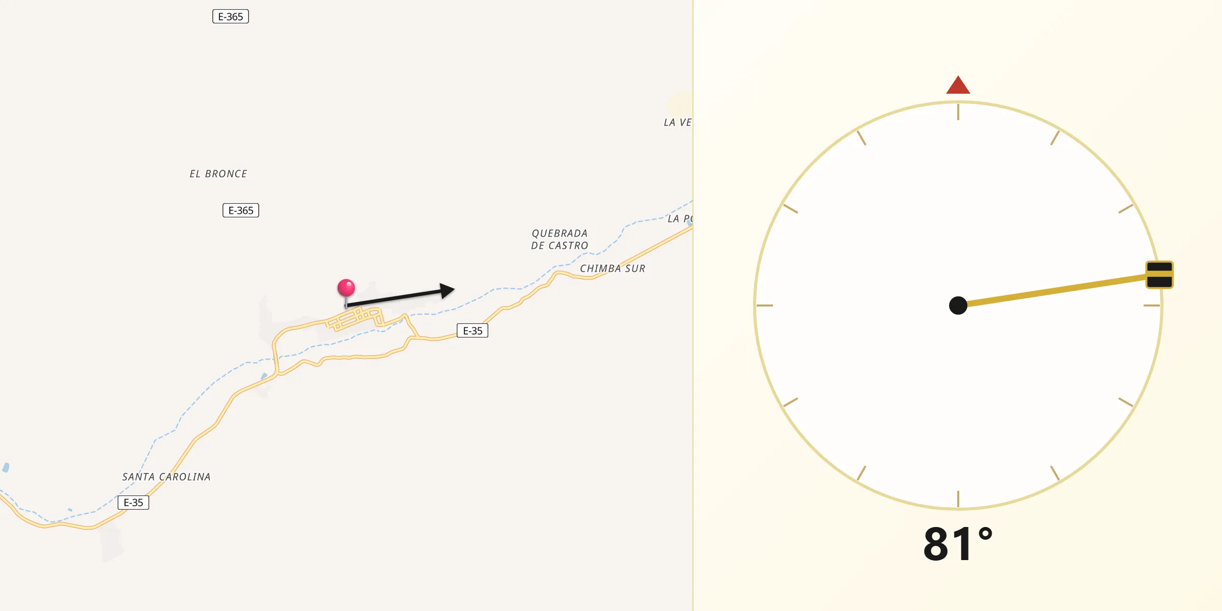 Dirección de la Qibla desde Petorca
