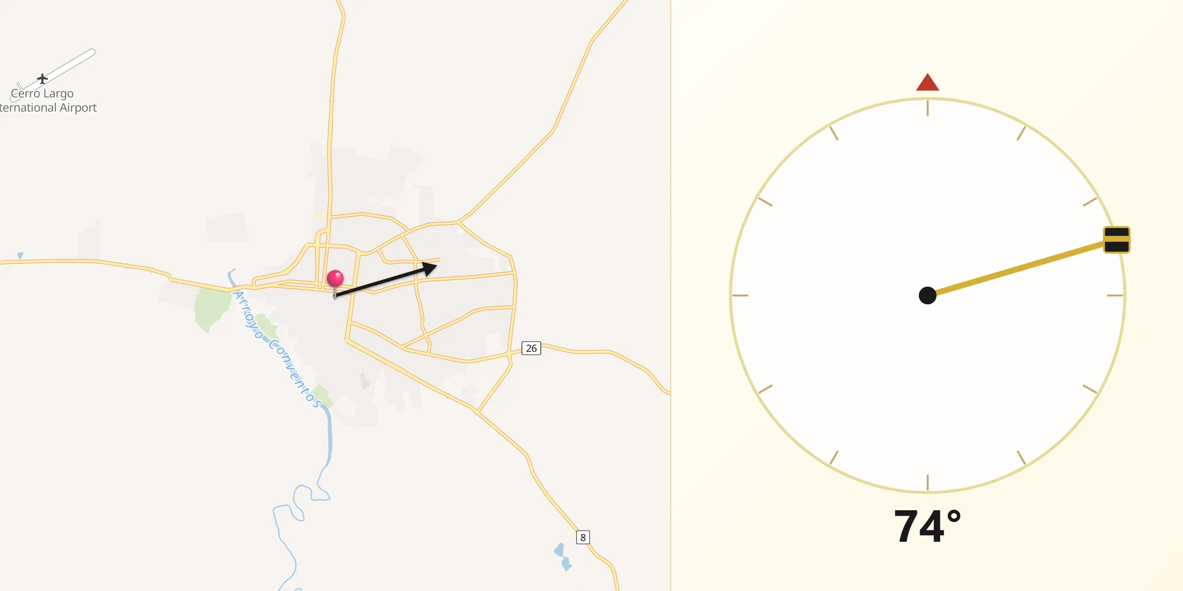 Dirección de la Qibla desde Melo