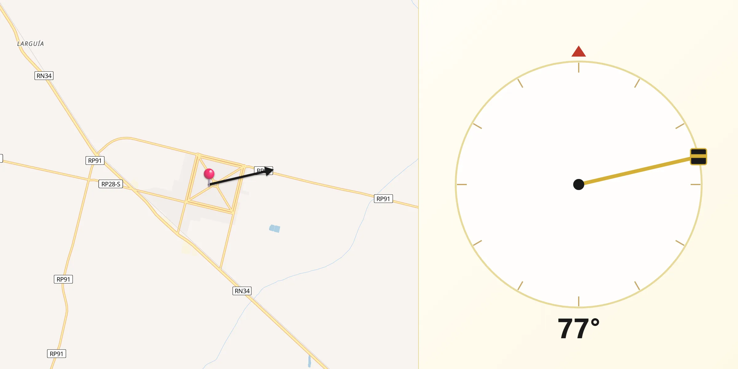 Dirección de la Qibla desde Totoras