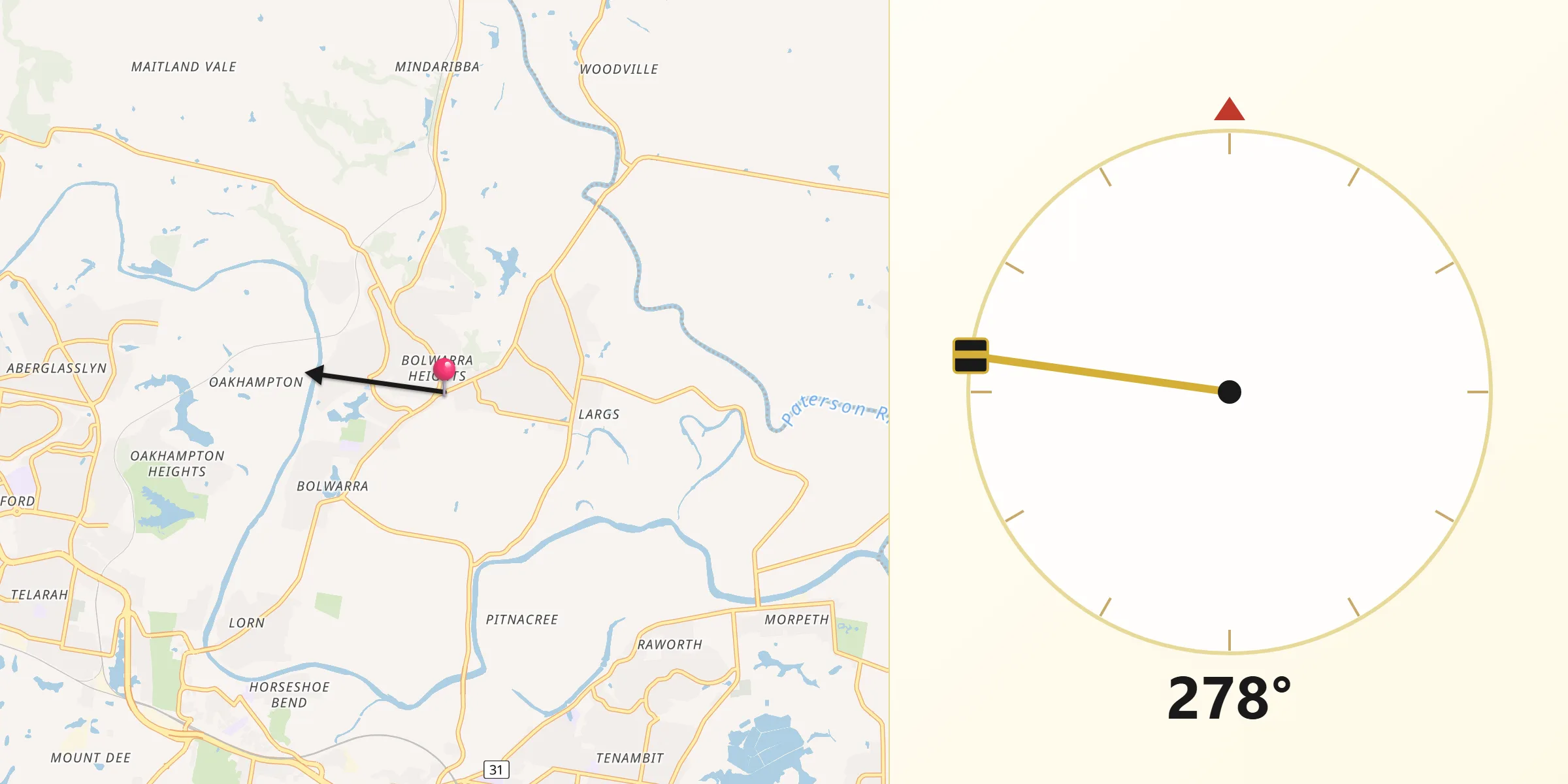 Qibla Direction from Bolwarra Heights