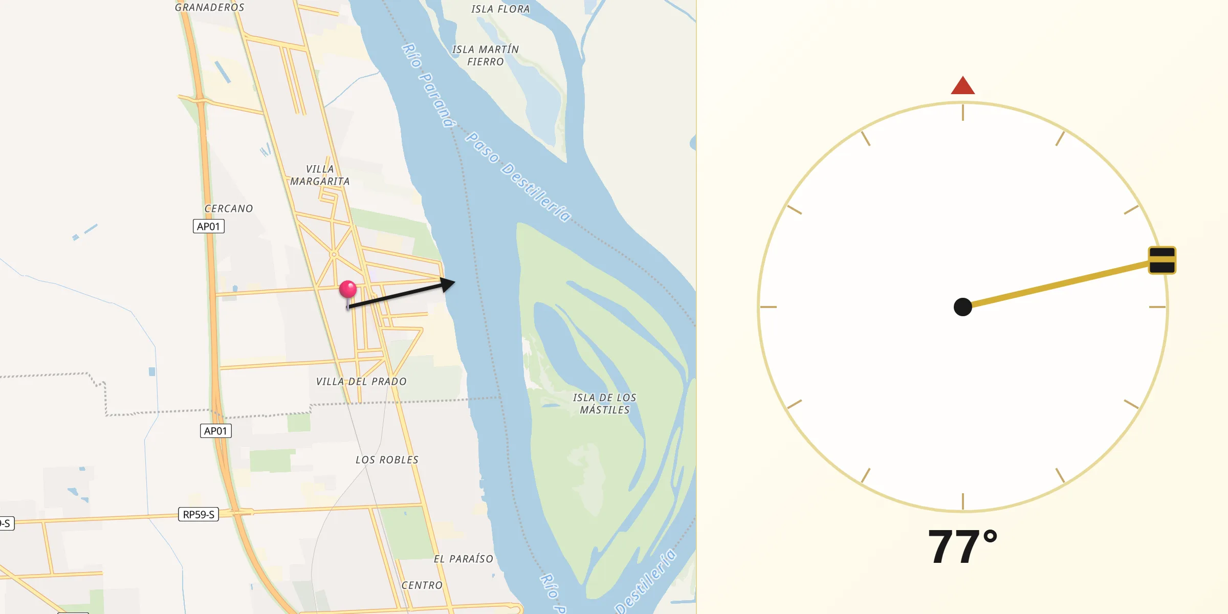 Dirección de la Qibla desde Capitán Bermúdez