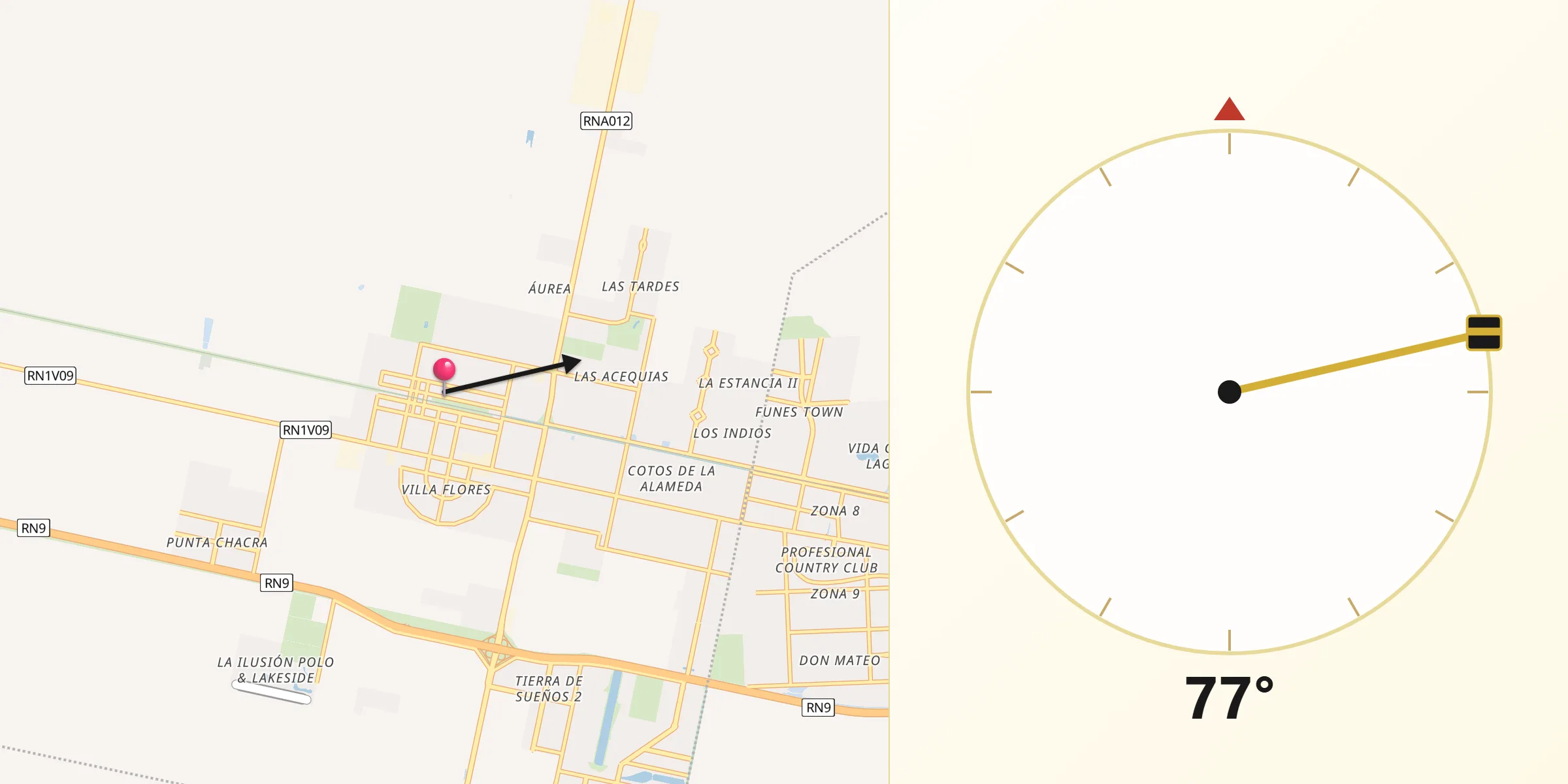 Dirección de la Qibla desde Roldán