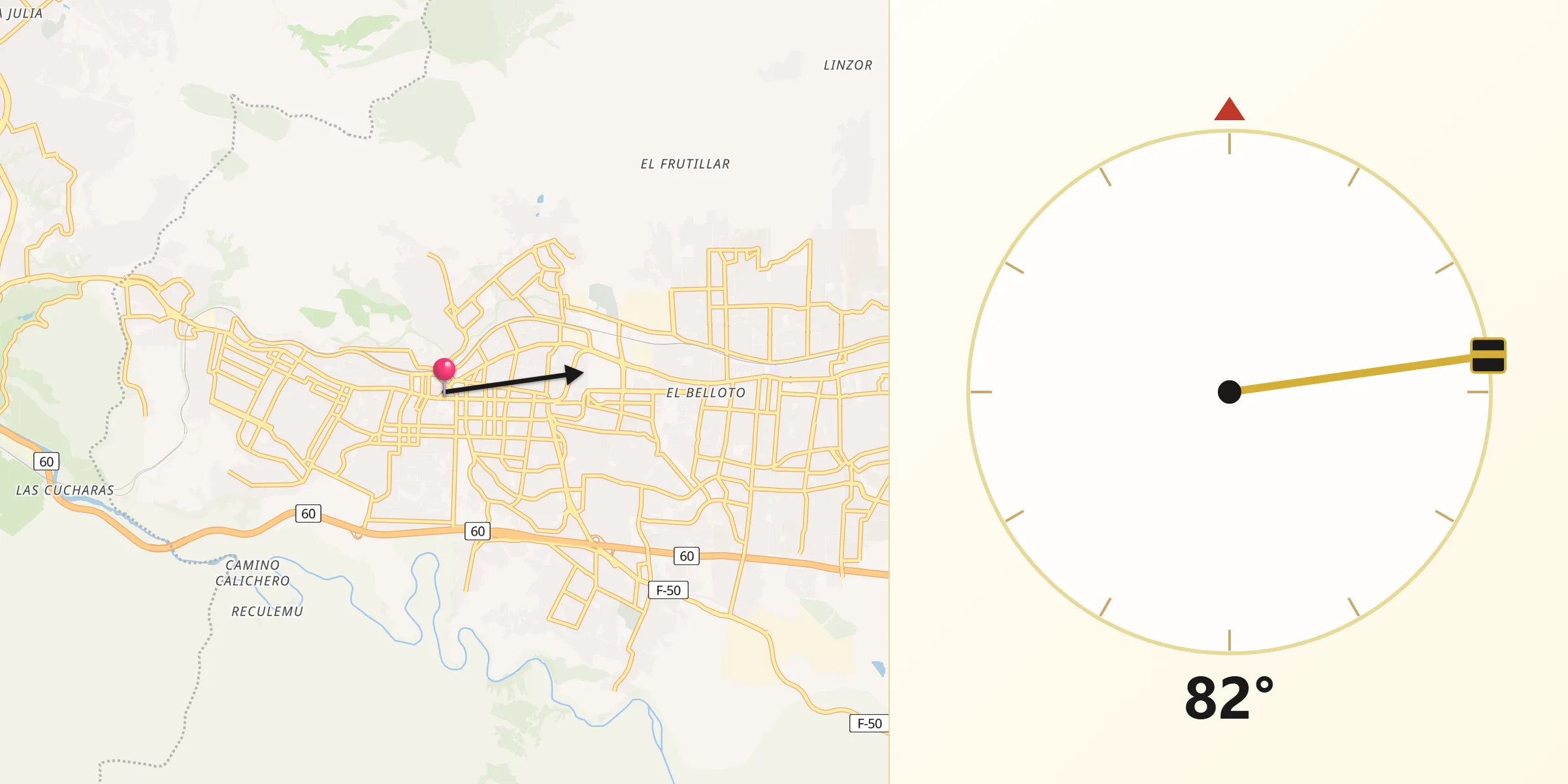Dirección de la Qibla desde Quilpué
