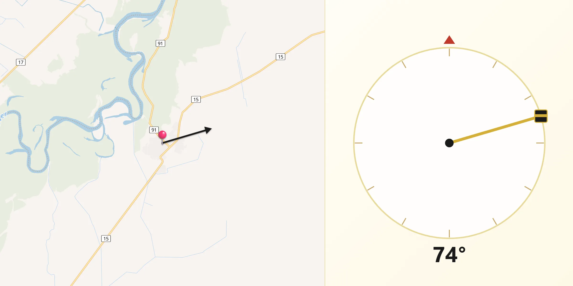 Dirección de la Qibla desde Cebollatí