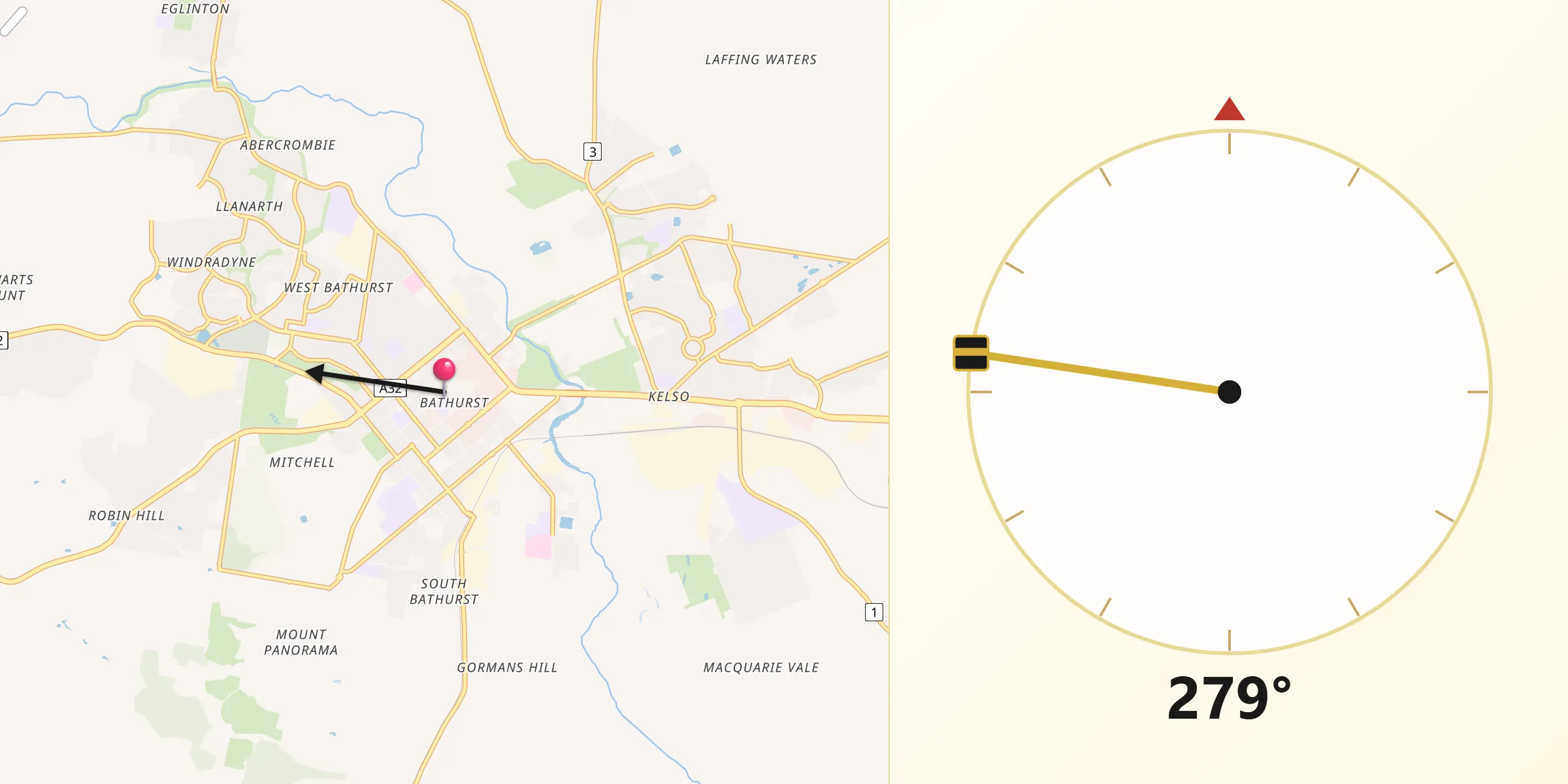 Qibla Direction from Bathurst city centre