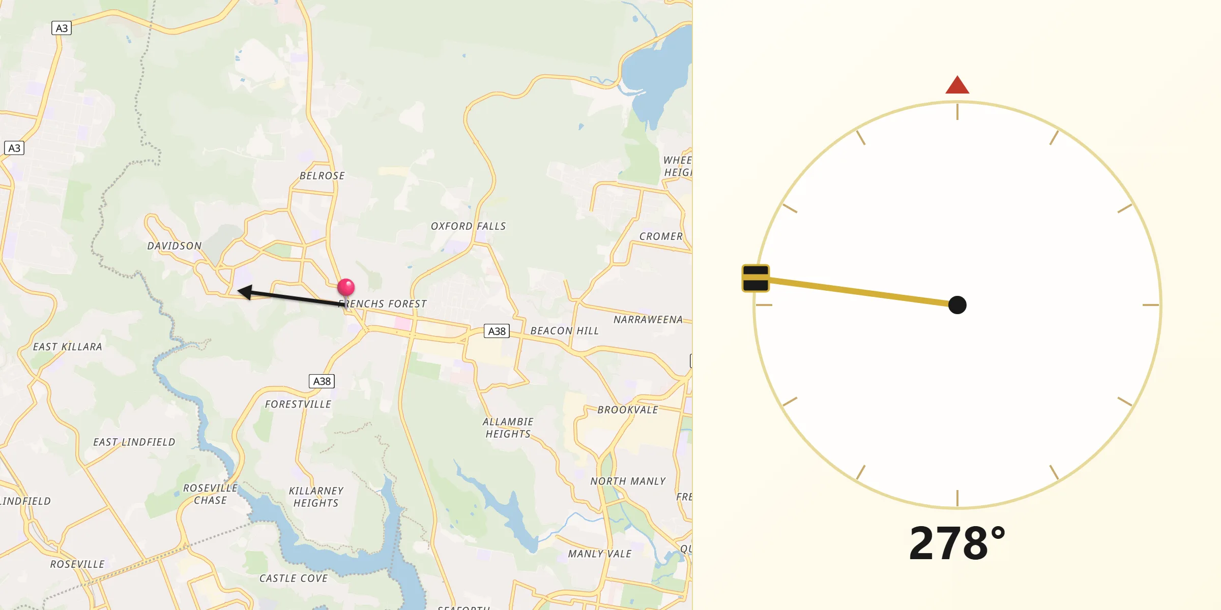 Qibla Direction from Frenchs Forest