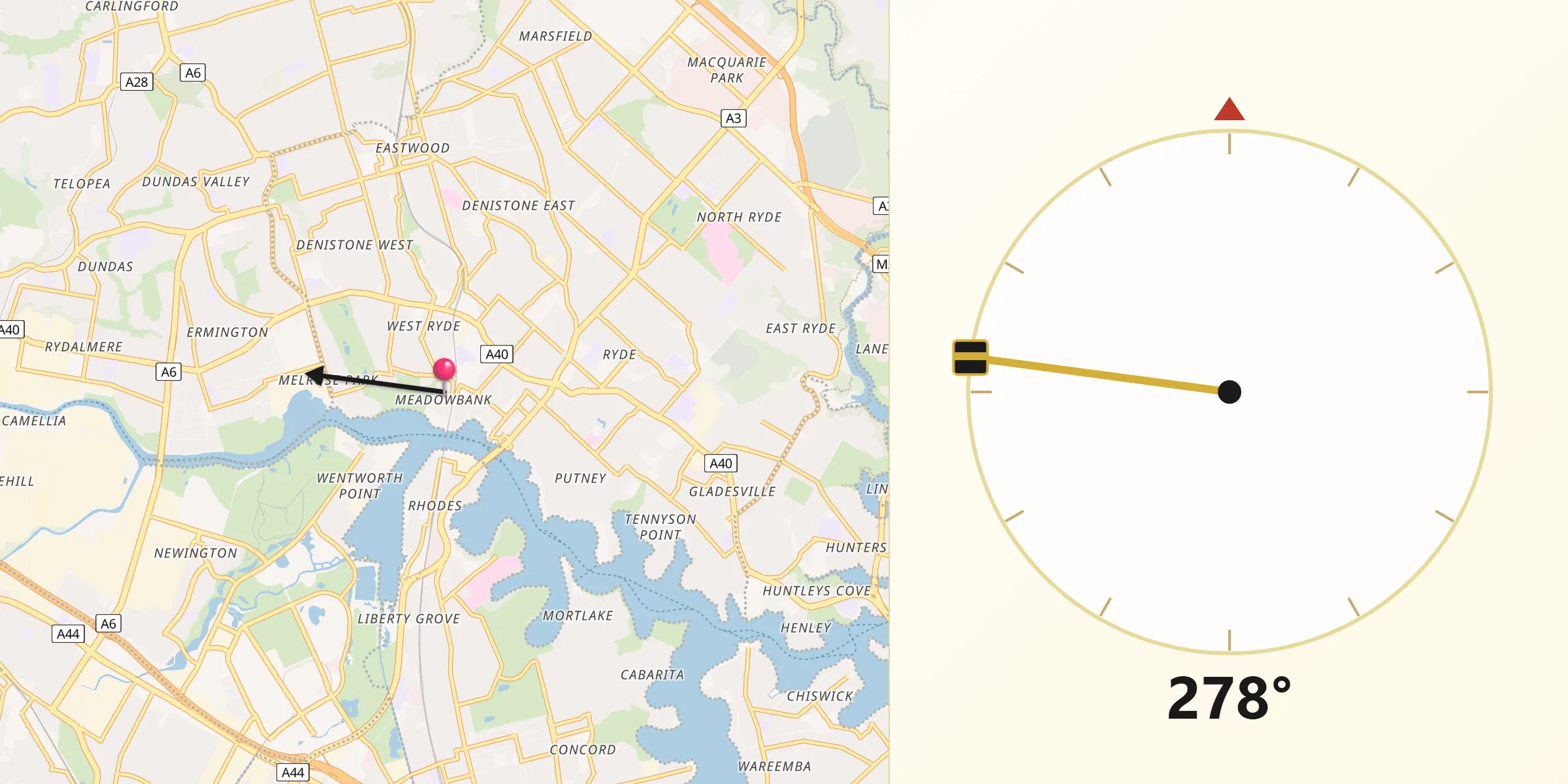 Qibla Direction from Meadowbank